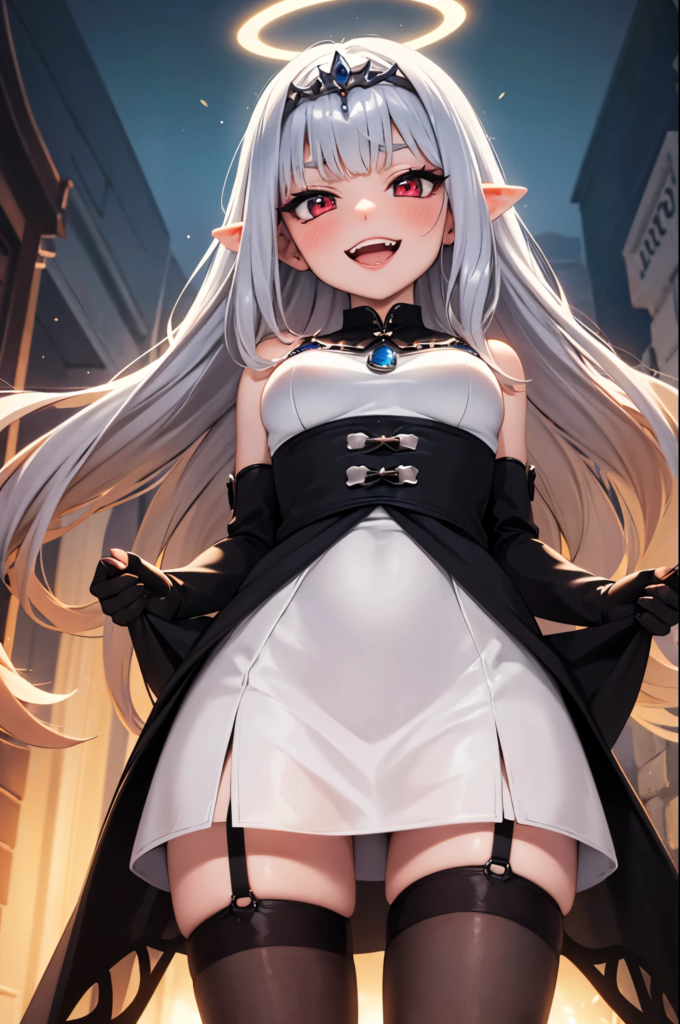 smug fairy girl princess goddess, mean, laughing hard, very thin, confident, arrogant, halo, magical fairy wings, stockings, red eye, tiara makeup, blush, eye shadow, black sorceress outfit, lots of luxurious jewelries, flawless shiny silver hair, perfect teeth, looking at viewer, from below, solo,