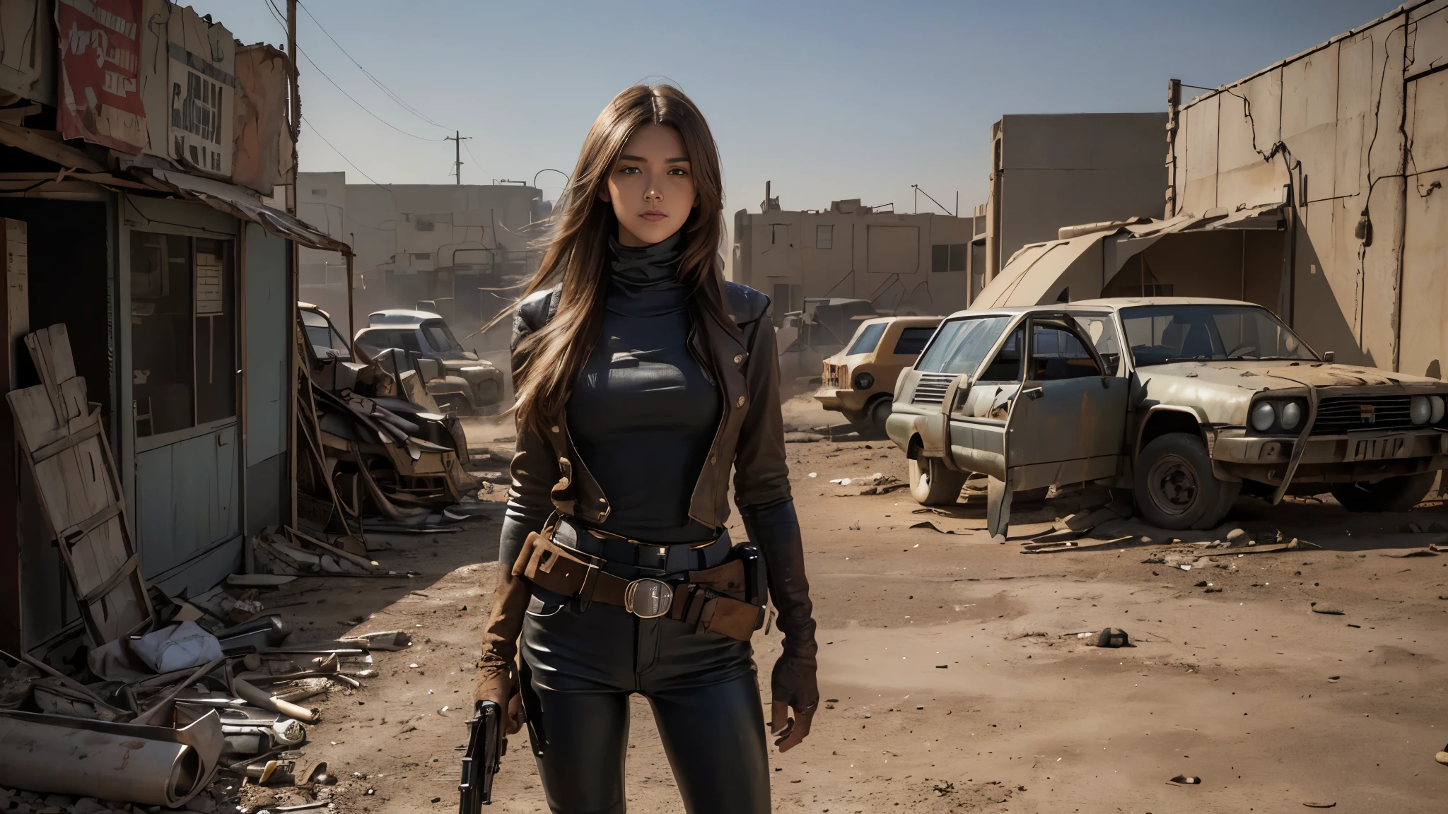 (Super detailed,best quality,high resolution:1.2),(actual:1.37),post apocalyptic,Desert wasteland,barren landscape,city ruins,sandstorm,Fierce sunlight,dusty atmosphere,war torn,tattered clothes,,dystopian,desolate,futuristic,severe,Gritty,full of action,faded color,dirt, dusty, it's foggy, evening sun,dazzling lights, (a girl, Detailed face, long hair, sexy, tight leather pants), pastel colors, dirty, dusty, actual lighting and shadowing, high resolution, Super detailed, ung girl standing in front,denim lenses,Cinema-level lighting effects, noon, pony, pistol, gun, toolbelt, Camera close to the ground,Look up at the girl.