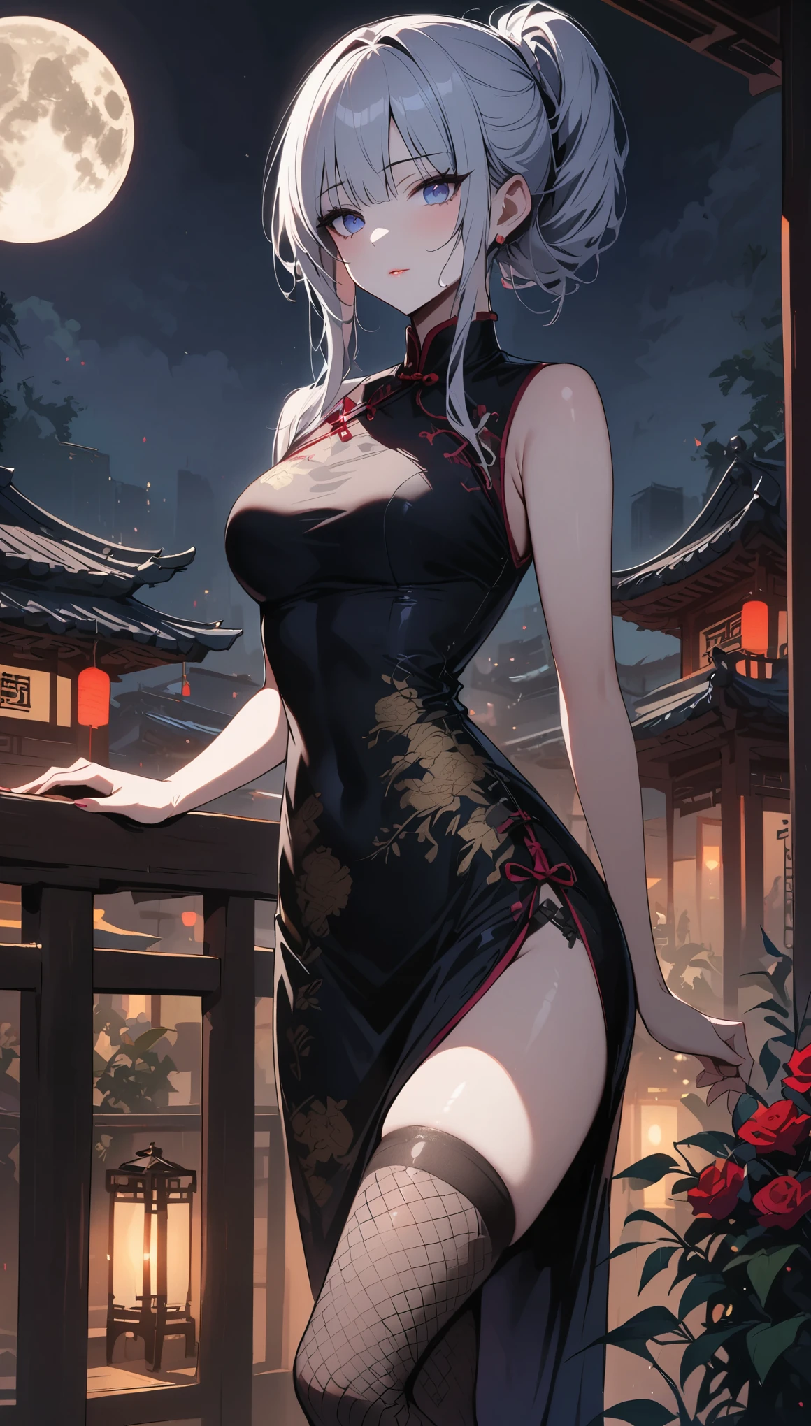 masterpiece, the best, night, full moon, 1 adult woman, Chinese Architecture, cheongsam, China costume, Royal sister, cold face, Poker face, woman with long silver hair, light pink lips, fishnet stockings, calm, intellectuals, Three bangs, gray pupil, street view, facial details,