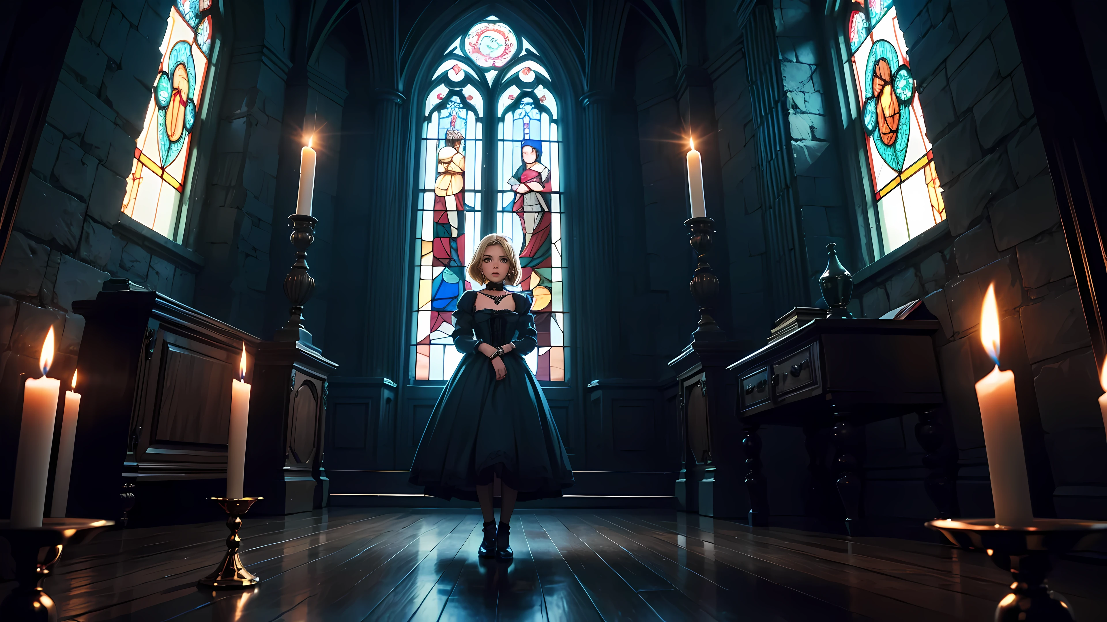 ((1girl)), short blonde hair, choker collar, bracelets, Victorian style long blue dress, standing, cowboy shot, dramatic pose, gothic mansion, stained glass window, night, nighttime, candles, candlelight, dramatic lighting, cinematic lighting,
