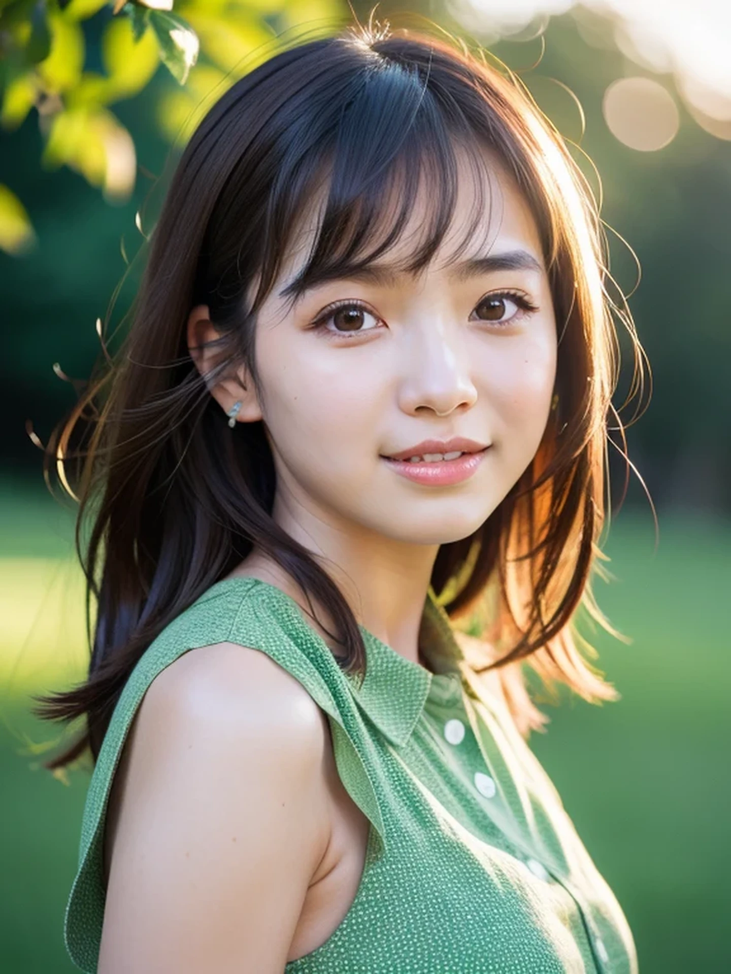 masterpiece, Best Quality, Raw photo, 8K, ultra-detailed face, 1girl, Beautiful detailed skin, backlight, soft light, bashful, (shoot from front:1.2), smile, Luminescent, Anatomically correct, Medium hair swaying in the wind, Eyes and faces with detailed, Textured skin, Professional Photography, Bokeh, Portrait, Professional Lighting, Solo, Cute, Girly, Film grain, silk dress shirt, Summer Green Hills,