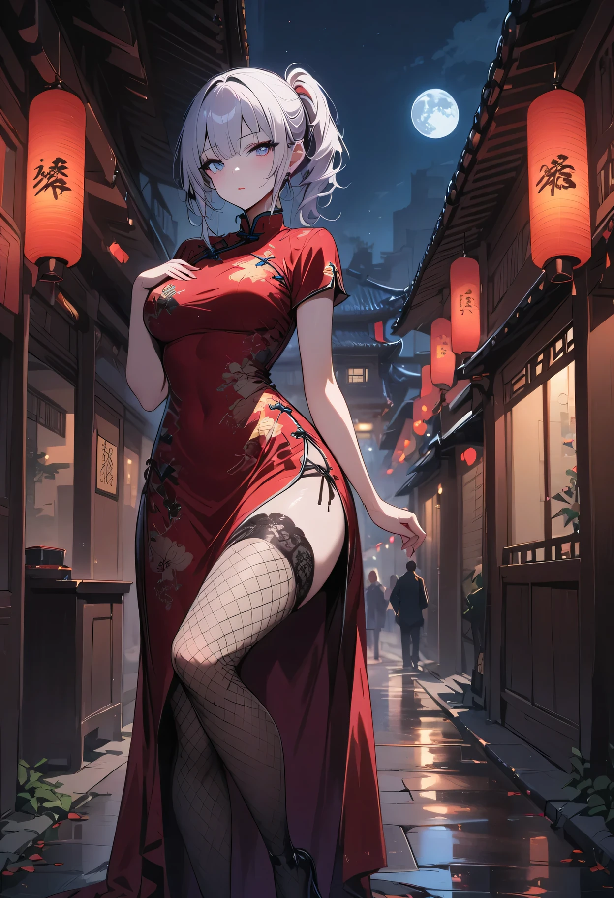 masterpiece, the best, night, full moon, 1 adult woman, Chinese Architecture, cheongsam, China costume, Royal sister, cold face, Poker face, woman with long silver hair, light pink lips, fishnet stockings, calm, intellectuals, Three bangs, gray pupil, street view, facial details,