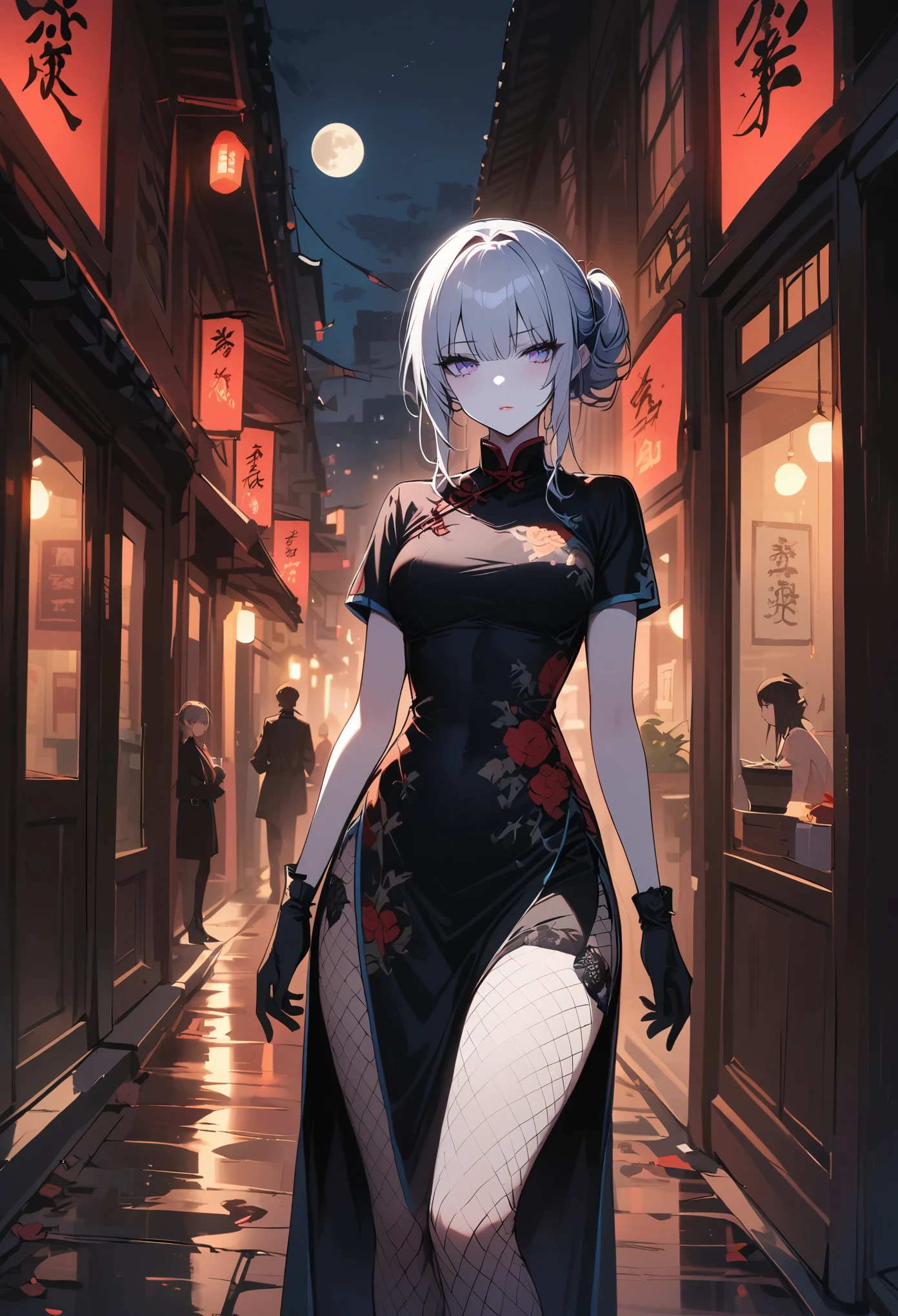 masterpiece, the best, night, full moon, 1 female, White skin, cheongsam, China costume, Royal sister, cold face, Poker face, woman with long silver hair, light pink lips, fishnet stockings, calm, intellectuals, Three bangs, gray pupil, assassin, long sword, swordsman,  street view, facial details,