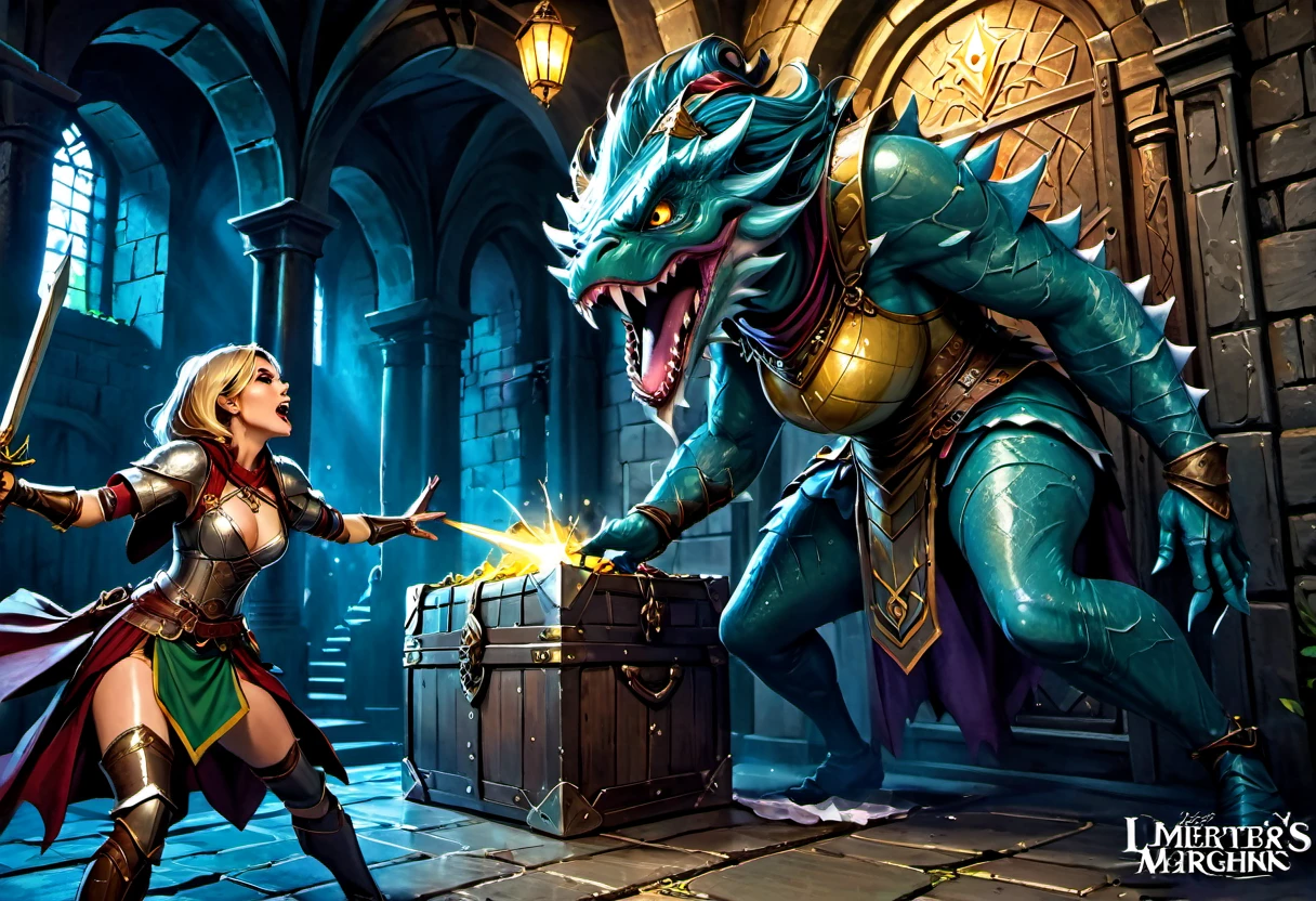 (highres,masterpiece:1.2),ultra-detailed,(realistic,photorealistic,photo-realistic:1.37),female warriors,seductive warriors,beautiful female rogues,rogue battle,sexy females,high-fantasy,Dungeons and Dragons,detailed armor,adventurous women,action-packed scene,elaborate costumes,combat,weaponry,ornate daggers,sorcery,magic spells,tattered cloaks,suspenseful atmosphere,historical setting,epic showdown,dark dungeon,mysterious treasure chest,wealthy merchant's vault,illusionary monster,"mimic" creature,transforming creature,terrifying mimicry,hidden dangers,trapped treasure,deadly combat,heroic poses,high-stakes battle,vivid colors,dramatic lighting,exquisite details,emotional intensity,and stunning visual effects.