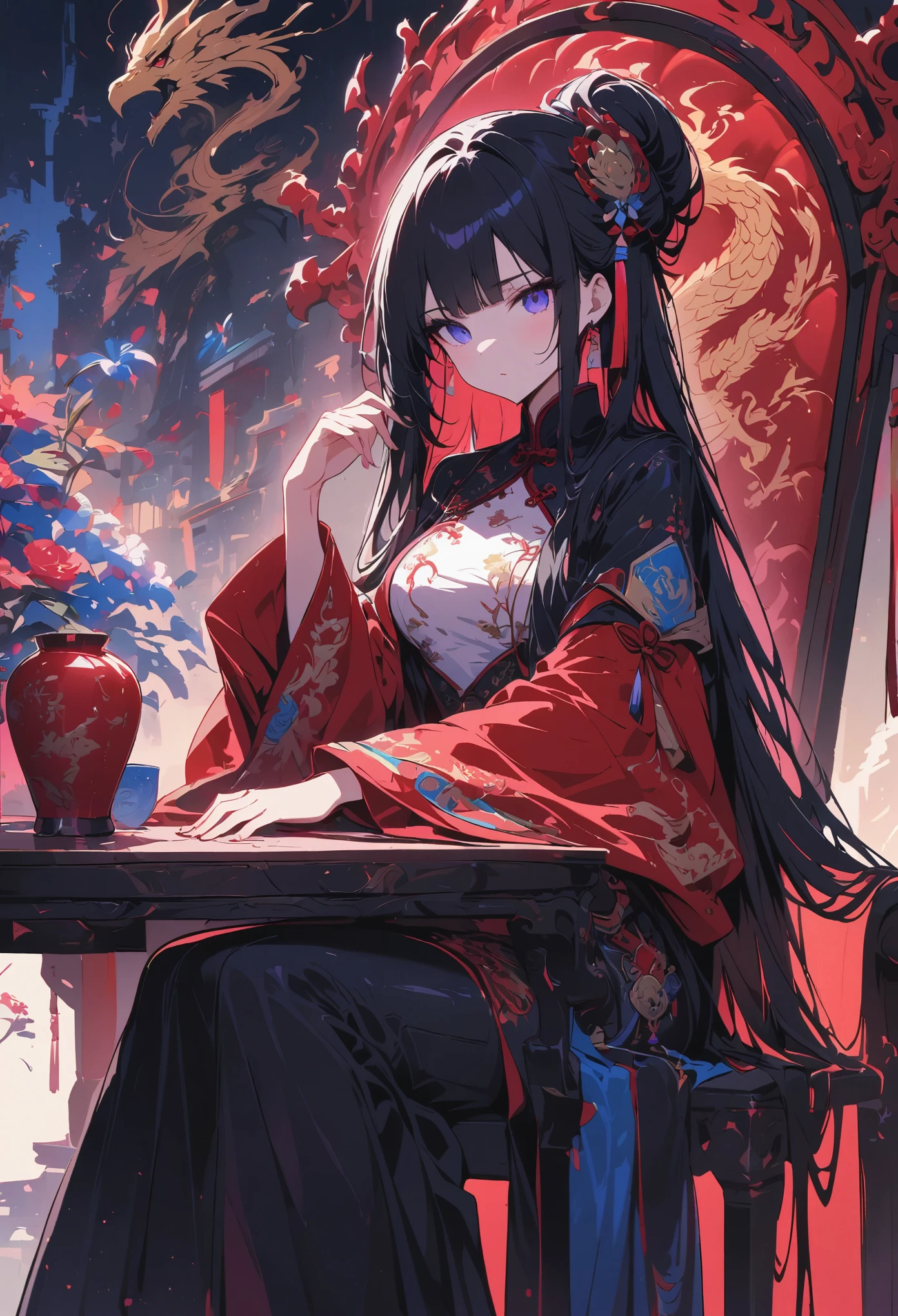 Chinese Gothpunk、Daughter of the Chinese emperor、Overwhelming intimidation、exuding majesty、Put your hands out of your sleeves、(Black comic style)、(linear art_Japanese cartoons)、(Solid color high contrast)、(put it on the table,best quality)、8K、flat color:1.2, Sitting on a red throne wearing heavy clothes、extra long hair、Peking Opera makeup、gorgeous costumes、exquisite embroidery_Dragon and phoenix embroidery:1.2、beautiful hands,
