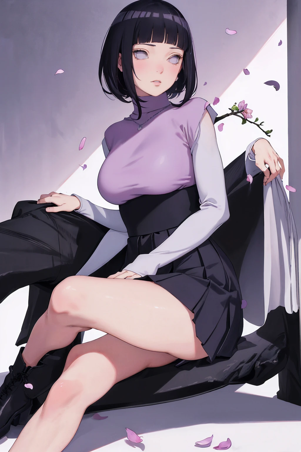 { - anatomy error} (Masterpiece - Ultra-detailed, very high resolution) (huge titusty, masterpiece, absurdres, hinata\(boruto\), 1girl, solo,mature female, lilac turtleneck blouse, high waist black long skirt, looking at viewelling petals), perfect composition, detailed lips, big breast, beautiful face, body propotion, blush, (pink lips), short hair, (black hair), purple eyes, soft gaze, super realistic, detailed, photoshoot, realistic face and body, closed mouth , lilac eyes, full body, sitting on the floor , backwards, looking back, black boots, hidden hands, perfect fingers, inocent face