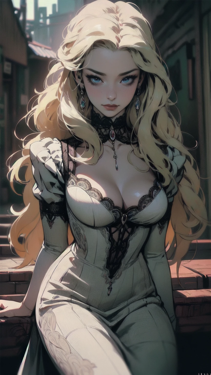 { - anatomy error}(Masterpiece - Ultra-detailed, very high resolution) Prepare to be enchanted by a true masterpiece that combines ultra-detailed art with high-resolution rendering. This work depicts a mesmerizing woman with very long blond hair (1.3) and captivating opal eyes (1.2), emanating an aura of elegance and mystery in Victorian settings. The intricate details and realistic textures invite you to explore every aspect of this enchanting composition. Woman wearing beautiful classic Victorian costume from the year 1878. Red lips. Happy face. Smiling. white dress (white) dress. Walking on the water, dynamic poses. Get ready to dive into a world where beauty and craftsmanship merge perfectly.