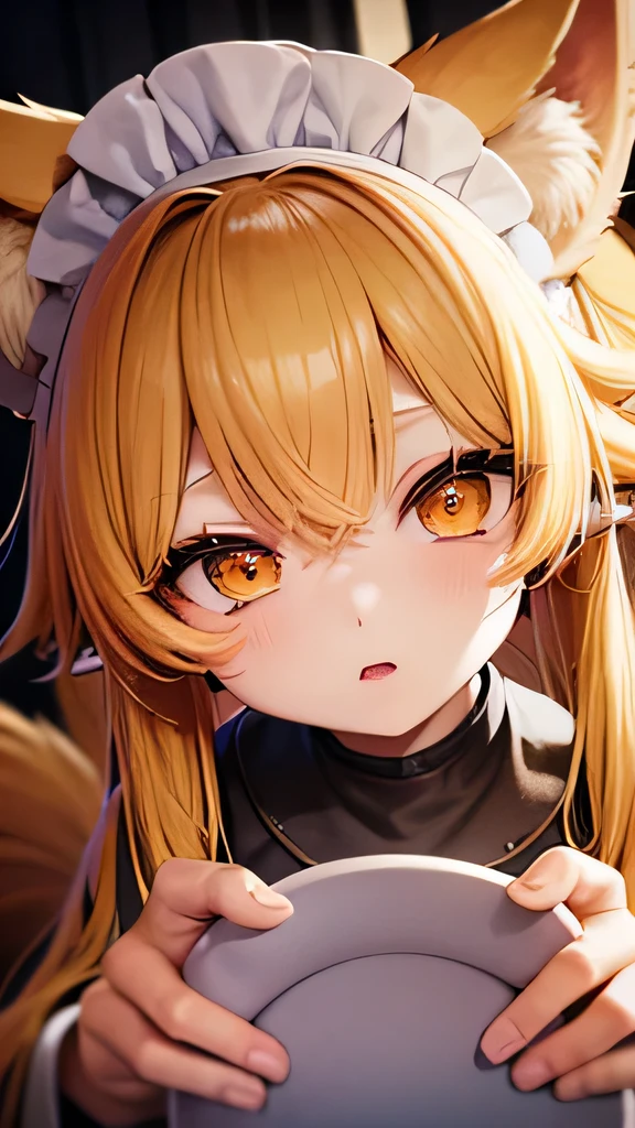 fox beastman、fox ears、fox tail、yellow hair、Qingtong、big eyes、droopy eyes、10 years old、white maid outfit、