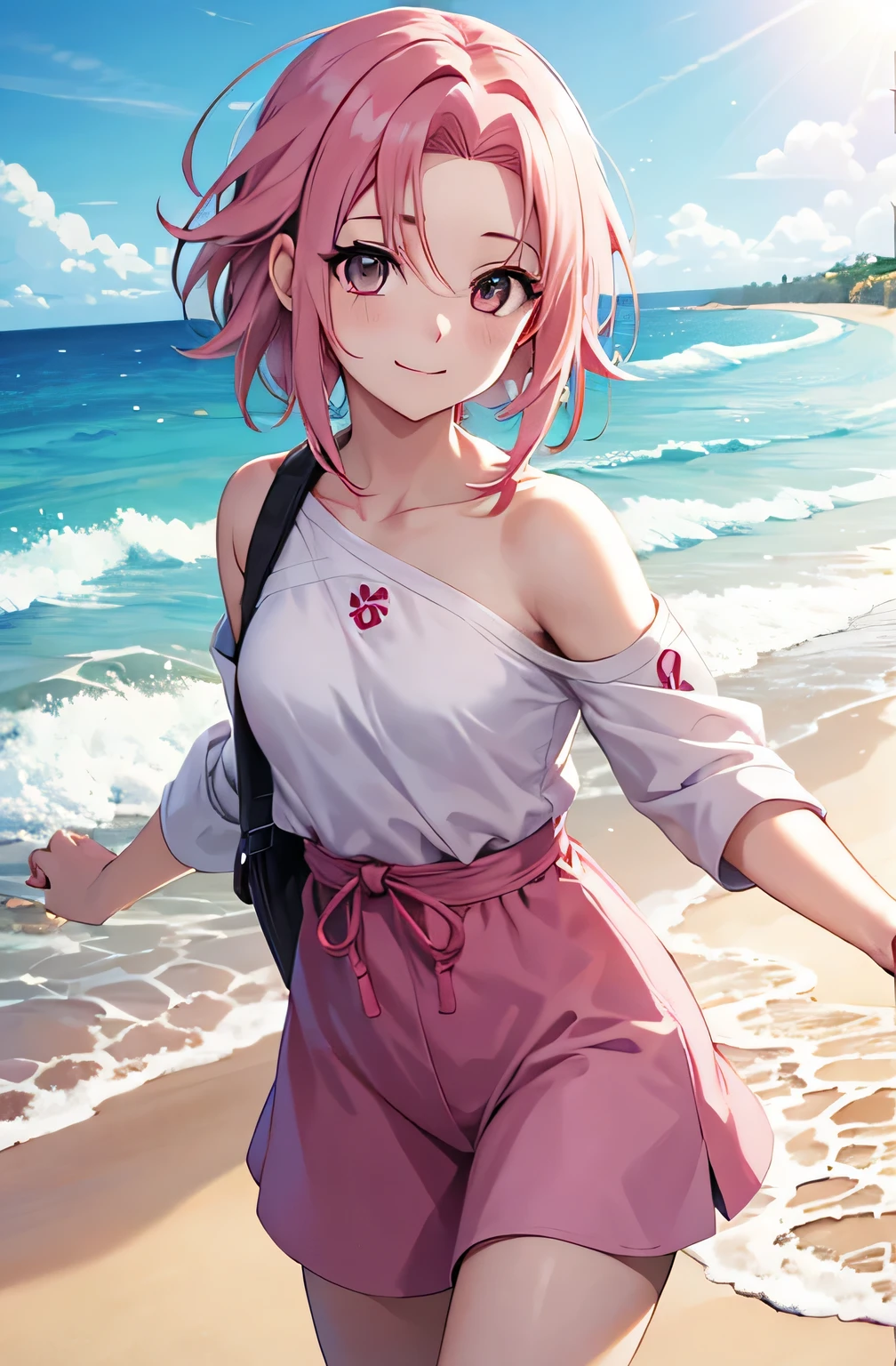 Sakura Haruno, anime naruto, cabelo rosa, sorrindo, May, na praia, cabelo lindo, olhos detalhados, olhos amarelo, animada, ao meio dia, cinematic light, fullhd