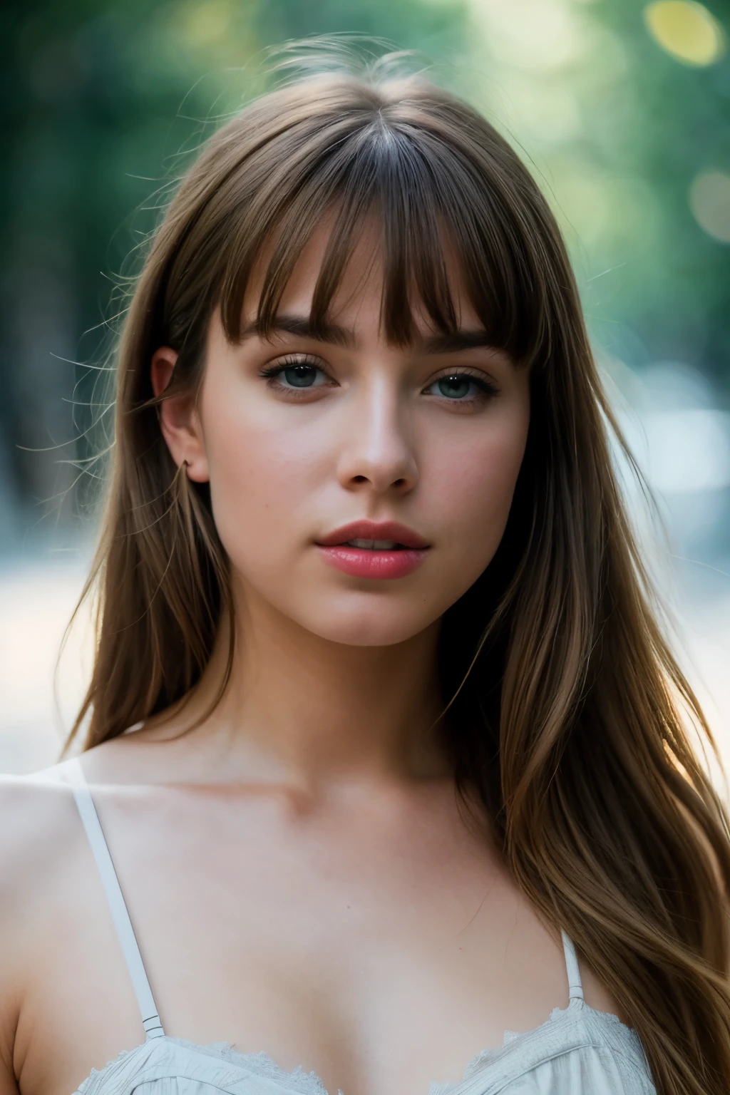 Realistic portrait of a light Brown haired woman with bangs, grey blue eyes like Avril Lavigne, red lips like , and nose like Camila Morrone, Cinematic, Photoshoot, Shot on 25mm lens, Depth of Field, Tilt Blur, Shutter Speed 1/1000, F/22, White Balance, 32k, Super-Resolution, Pro Photo RGB, Half rear Lighting, Backlight, Dramatic Lighting, Incandescent, Soft Lighting, Volumetric, Conte-Jour, Global Illumination, Screen Space Global Illumination, Scattering, Shadows, Rough, Shimmering, Lumen Reflections, Screen Space Reflections, Diffraction Grading, Chromatic Aberration, GB Displacement, Scan Lines, Ambient Occlusion, Anti-Aliasing, FKAA, TXAA, RTX, SSAO, OpenGL-Shader’s, Post Processing, Post-Production, Cell Shading, Tone Mapping, CGI, VFX, SFX, insanely detailed and intricate, hyper maximalist, elegant, dynamic pose, photography, volumetric, ultra-detailed, intricate details, super detailed, ambient –uplight –v 4 –q 2