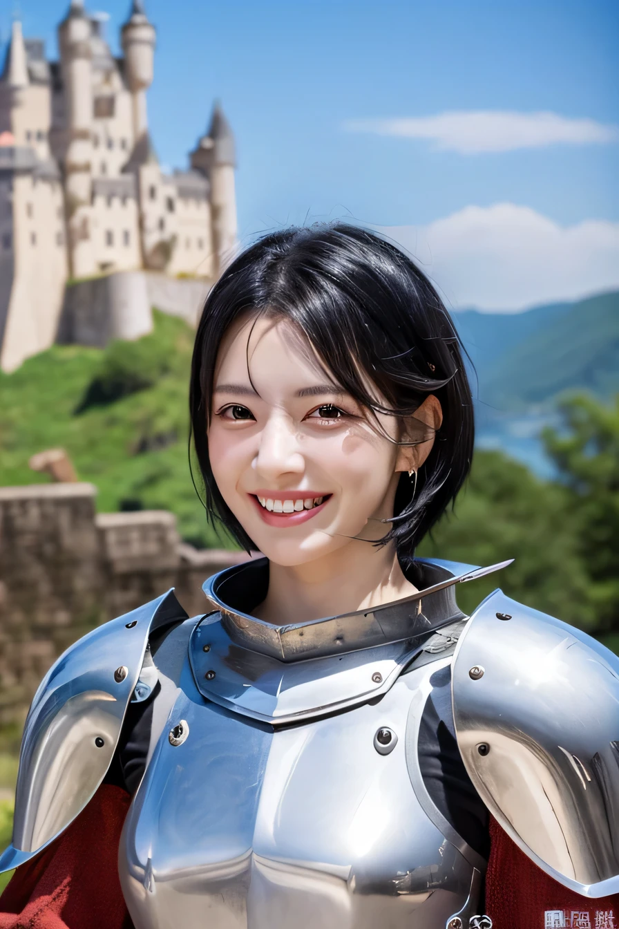 8K、highest quality、female knight、The background is a castle、luxurious silver armor、heavy equipment、black hair、hairstyle short cut、smile、beautiful teeth、full body photo、ear piercing)), (