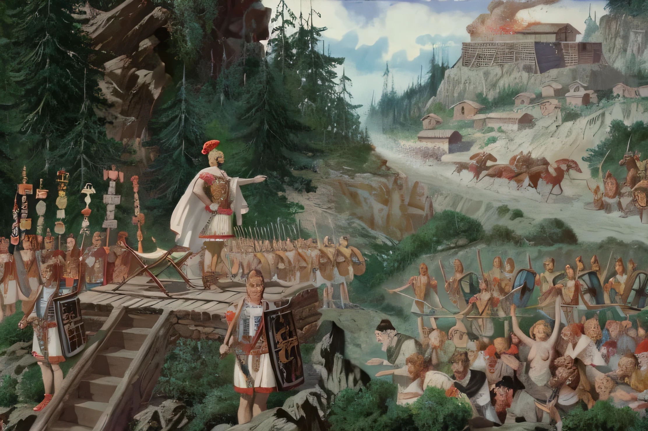 painting of a man standing on a platform with a crowd of people, historical artistic depiction, inspired by Mort Artists, by Mort Artists, roman festival backdrop, history painting, ancient slavs, historical painting, kent monkman, inspired by Roman Bezpalkiv, by Pogus Caesar, by Sava Šumanović