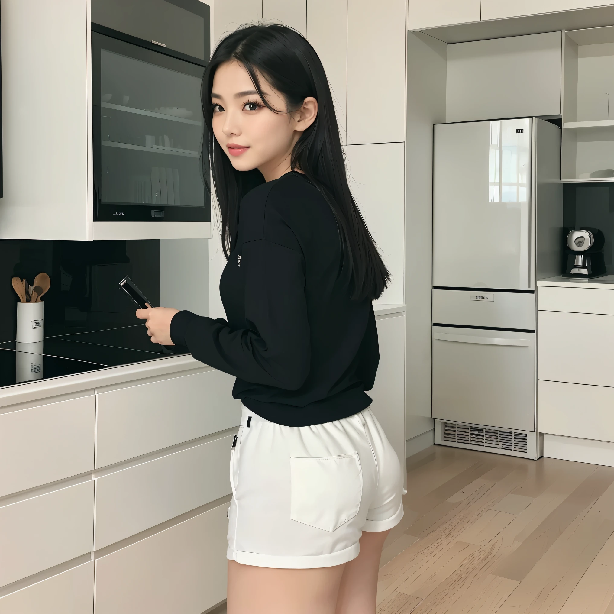 (highest quality、masterpiece、8K、best image quality、hyper realism、Award-winning work)、1 female、(solo:1.3)、(1 photo:1.3)、(Simple thin long sleeve T-shirt:1.1)、(The perfect shorts:1.2)、(The most natural and practical kitchen:1.1)、(Perfectly organized and clean kitchen:1.1)、(modern and elegant kitchen:1.1)、(Perfect kitchen with state-of-the-art induction:1.1)、(Beautiful modern kitchen with a unified feel:1.1)、(standing upright:1.3)、(full body photo:1.1)、(thick legs:1.2)、(Rear view:1.3)、(pointing your butt at me:1.2)、(Looking back at me:1.1)、accurate anatomy、perfect makeup、long eyelashes、glossy lips、Ultra high definition glossy skin、(Ultra-high definition bright and beautiful skin:1.1)、超高精細のglossy lips、Super high definition beautiful teeth