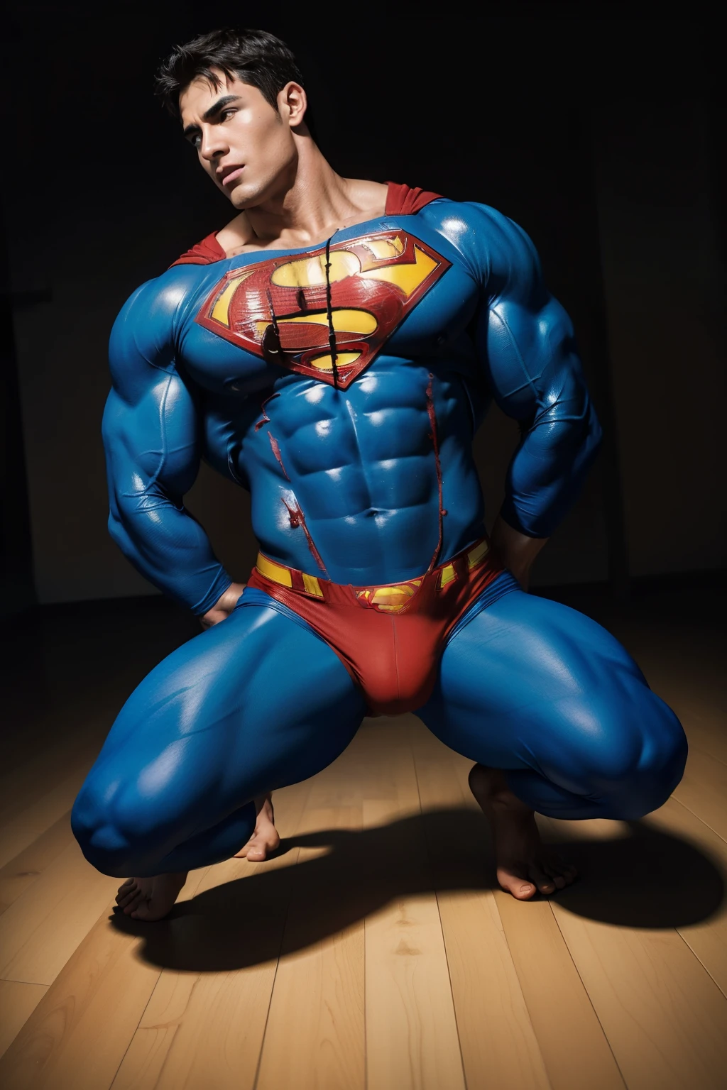 ((masterpiece)), ((best quality:1.2)), High Resolution, 8k, ultra_realistic, sharp focus, muscular Hot hunk, bodybuilder, short brown hair, (handsome man wearing superman blue skin-tight union suit:1.2), (panty bulge), bound with ropes, on the floor, hands behind back, horny, moaning in pleasure, leaking cum, sweaty, (detailed biceps and triceps), (large pectorals), (pectorals lift), broad shoulders, bara, restrained, forced orgasm, stationary restraints, bondage, ((bruise, bleeding)), bdsm, nsfw, dark background,