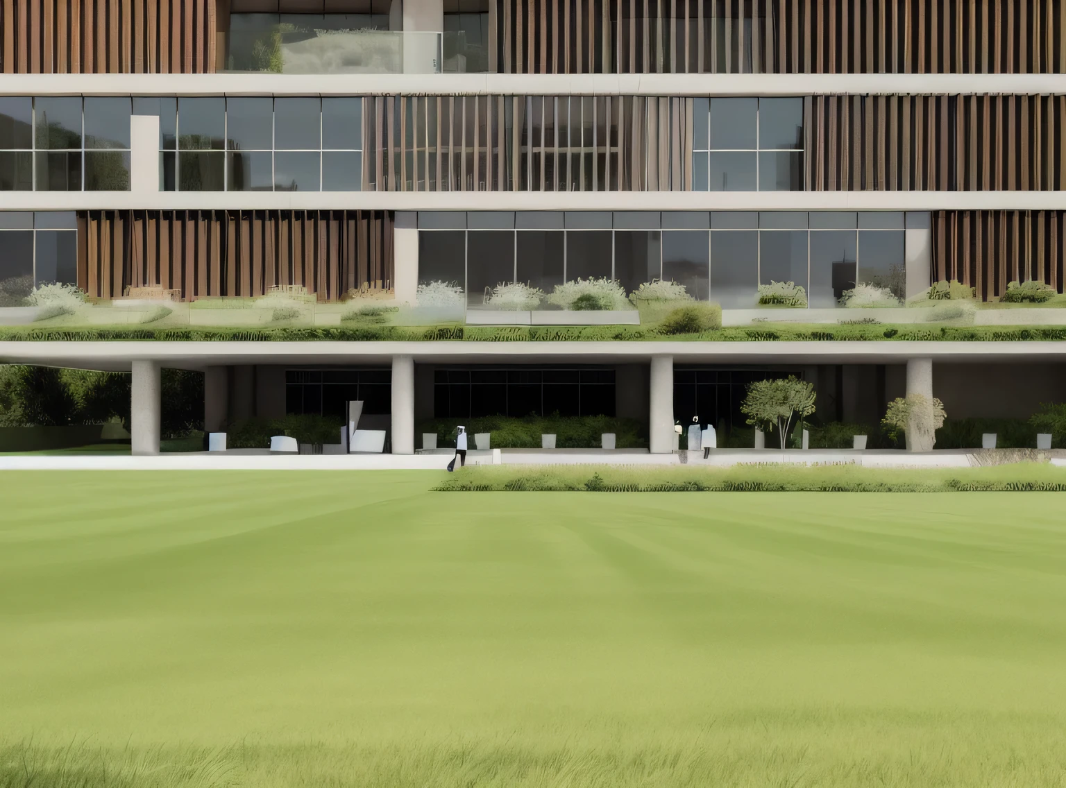 rendering of a building with a green lawn and a man walking in front, architectural rendering, art print, green terrace, architectural rendering, Digital Rendering, detailed rendering, intermediate vision, architectural visualization, mantra rendering, grande angular exterior 2022, professional rendering, architectural renderinging, photo rendering, view at ground level, highly photographic rendering, photographic rendering
