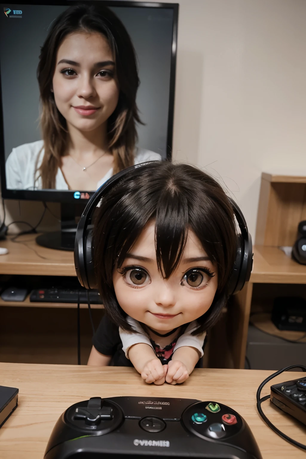 ((Cartoon)) ((chibi)) gamer de cabelo curto e ondulado sorrindo e jogando videogamer enquanto usa um headfone com LED e orelhas de gatinho