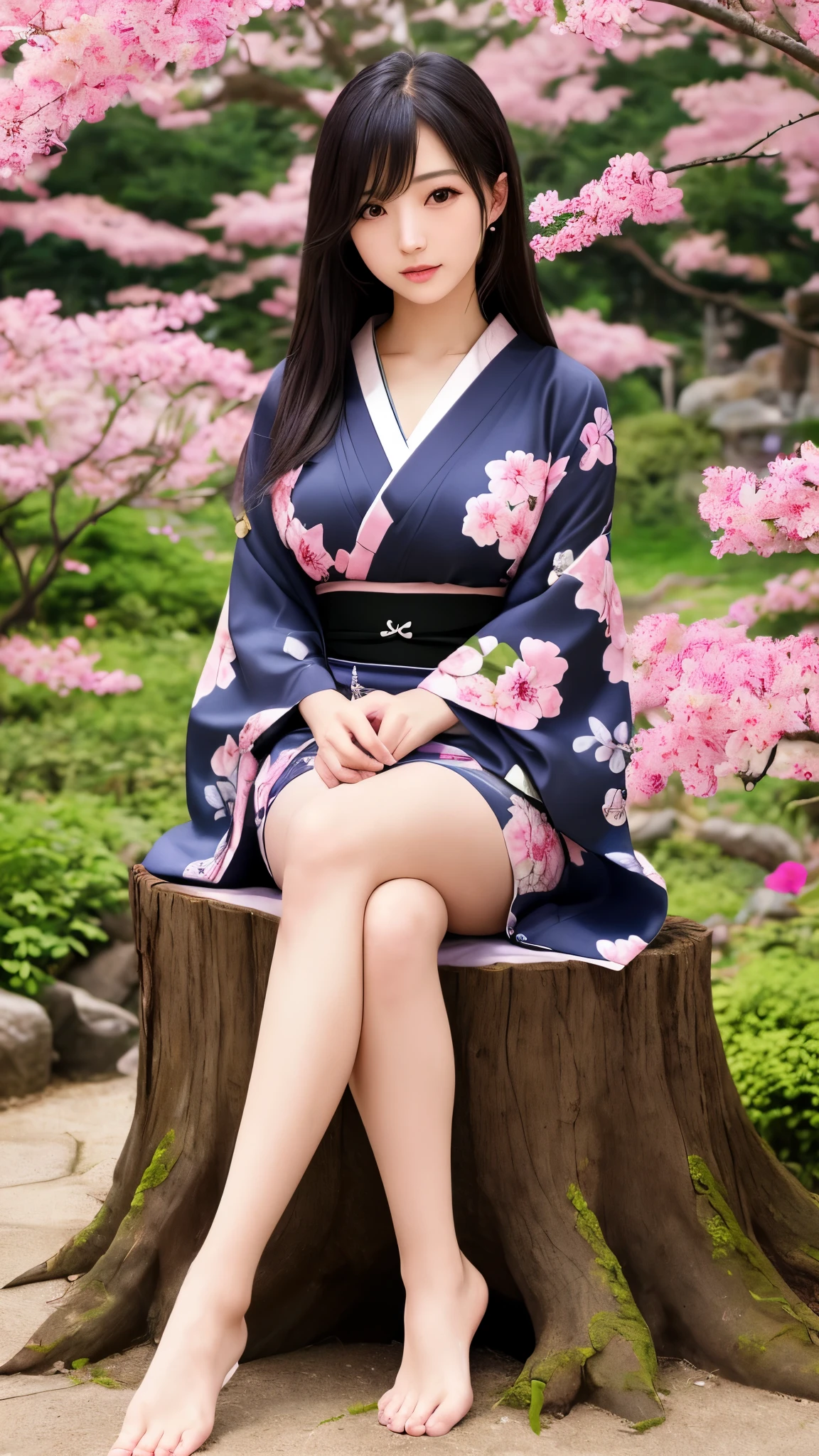 最high quality、high quality、best image quality、8K、最High resolution、High resolution、最high quality、masterpiece、Realistic human body with detailed details、Realistic skin in every detail、Realistic face in every detail、Realistic eyes down to the details、Realistic lips in every detail、Realistic teeth in every detail、Realistic ears down to the last detail、Realistic hair down to the last detail、Realistic arms down to the last detail、Realistic hands down to the last detail、Realistic fingers in every detail、(fine hands、thumb1reference4)、Realistic feet in every detail、((beautiful japanese girl))、(japanese model), (japanese woman)、((18 year old beautiful girl))、(black hair)、(random hairstyle)、((whole body))、((Beautiful upward facing breasts))、(slim style、slender style)、(whole body光沢肌、Fair skin)、soft natural light、geisha、maiko、Furisode、kimono、yukata、japanese traditional、Japanese garden、Under the cherry blossom tree in full bloom、((Transparent see-through with floral print(丈の短いkimono))、((sit with bent knees on a stump in the garden(Pose that makes your thighs look beautiful))