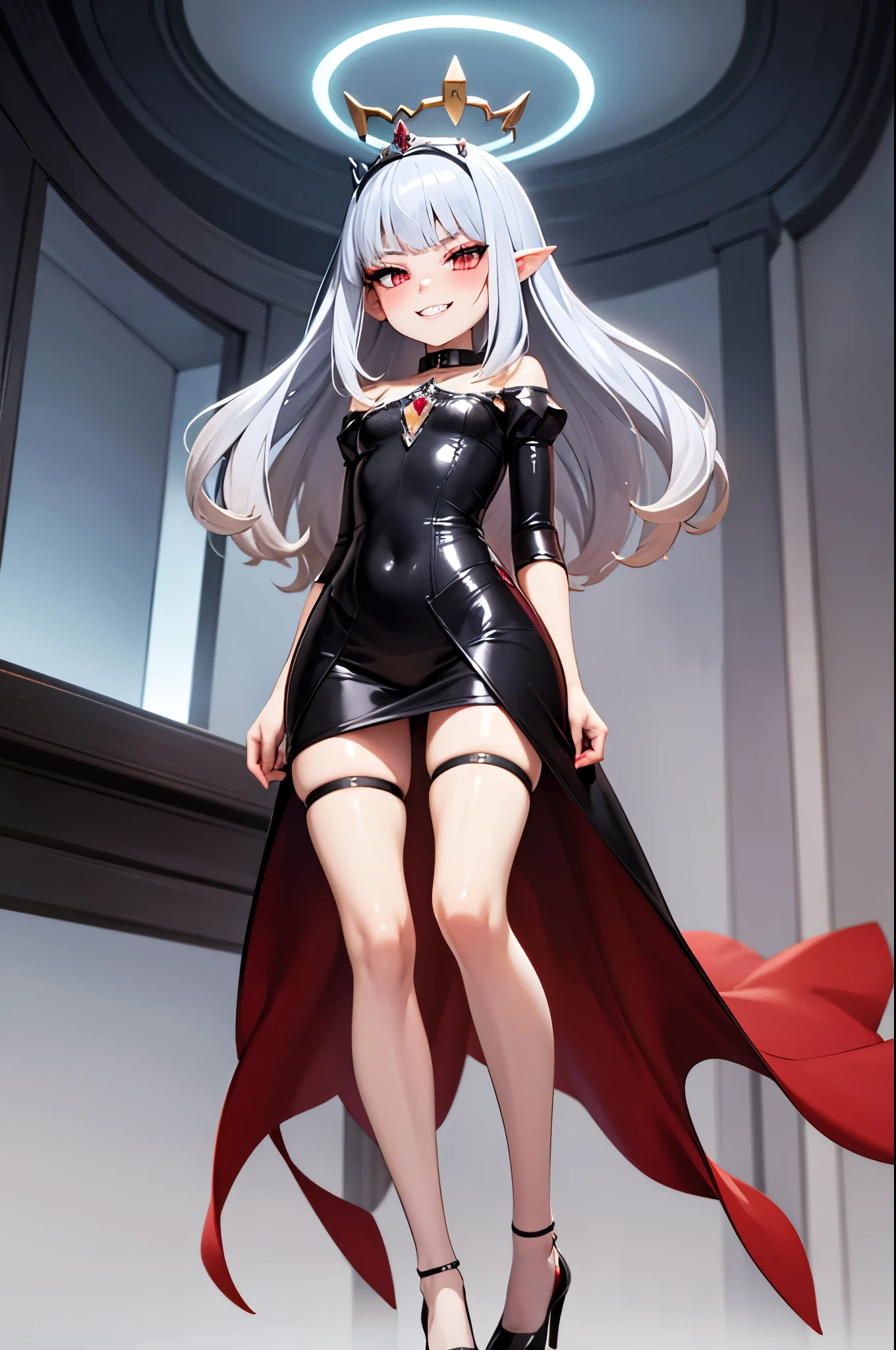 smug fairy princess goddess, mean, vicious smirk, very thin, skinny legs, confident, arrogant, halo, (energy wings:0.5), stockings, red eye, tiara makeup, blush, eye shadow, red sorceress outfit, lots of luxurious jewelries, flawless shiny silver hair, perfect teeth, heels, looking at viewer, from below, solo,