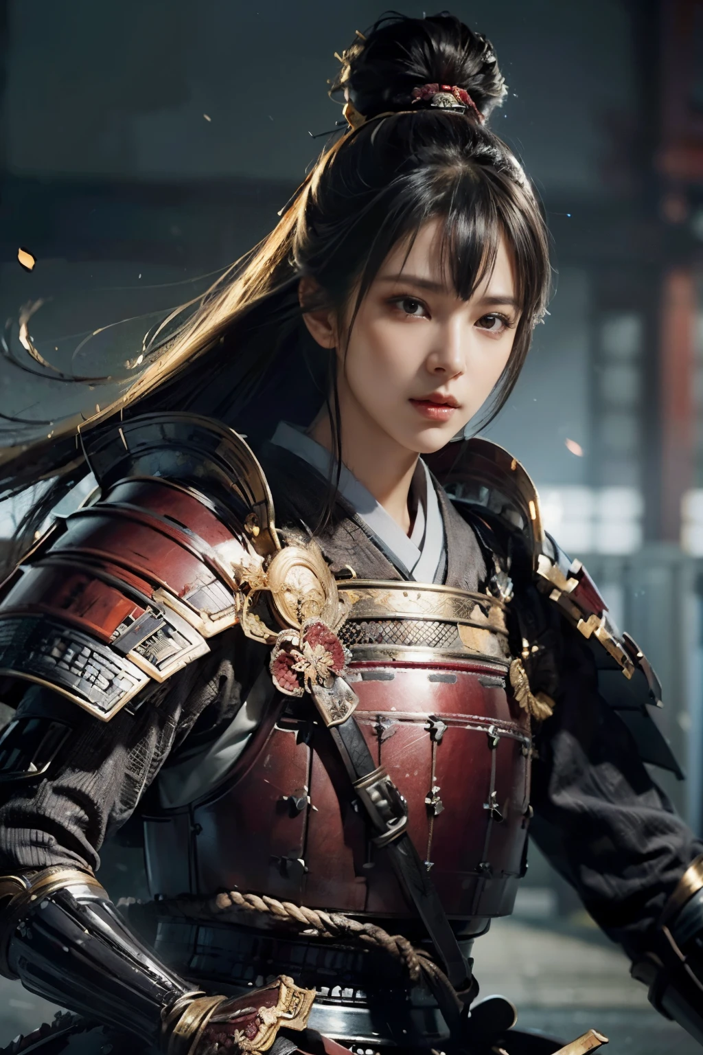 (8K, highest quality, masterpiece:1.2), (realistic:1.4), Raw photo, highest quality, ultra high resolution, best shadow, (full body:1), historical heroine, Japanese armor, samurai sword, large scale amazing environment, horror, dark horror, highly detailed facial features, beautiful and perfect face, perfect eyes