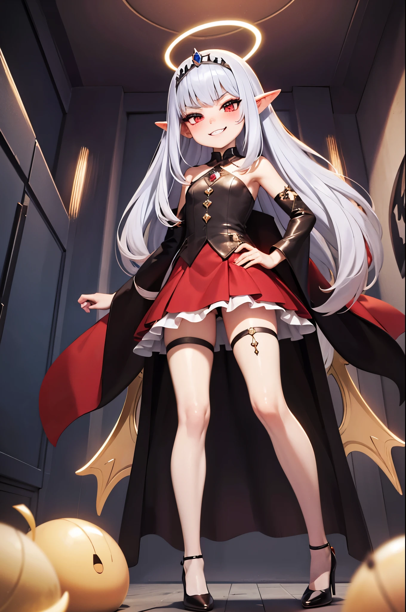 smug fairy princess goddess, mean, vicious smirk, very thin, skinny legs, confident, arrogant, halo, (energy wings:0.5), stockings, red eye, tiara makeup, blush, eye shadow, red sorceress outfit, lots of luxurious jewelries, flawless shiny silver hair, perfect teeth, heels, looking at viewer, from below, solo,