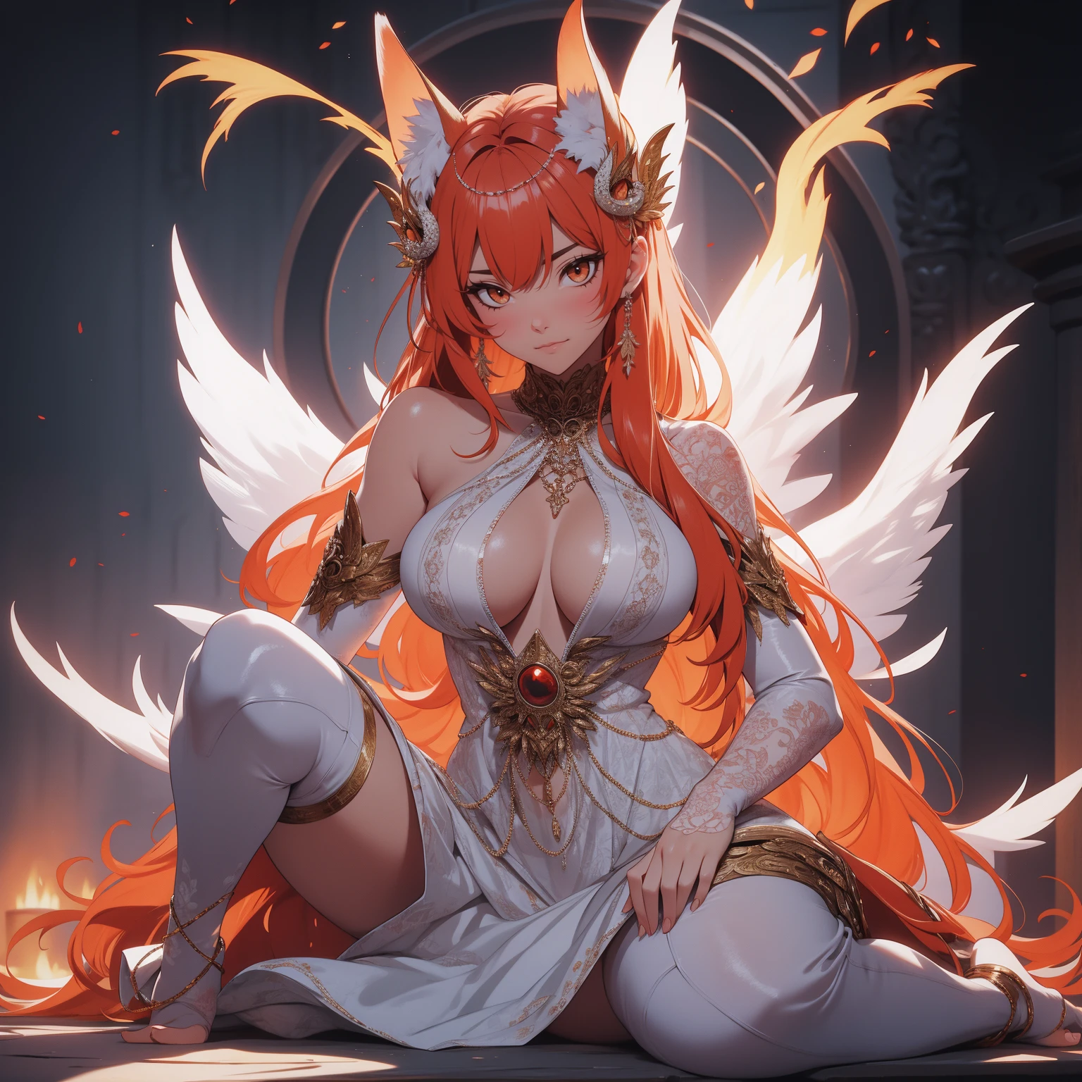 REALISTIC VISION 1.4, BETTER VAE,sharp focus, ultra detail, 32k,realistic photo, intricate details, kitsune, orange hair, oranfe eyes, intricate details ,woman, nine tails,intricate details,intricate details,big , Voluptuous body, intricate details, Miko,clothes long white dress with red details intricate details,tattoos intricate details,full body, sitting on the ground