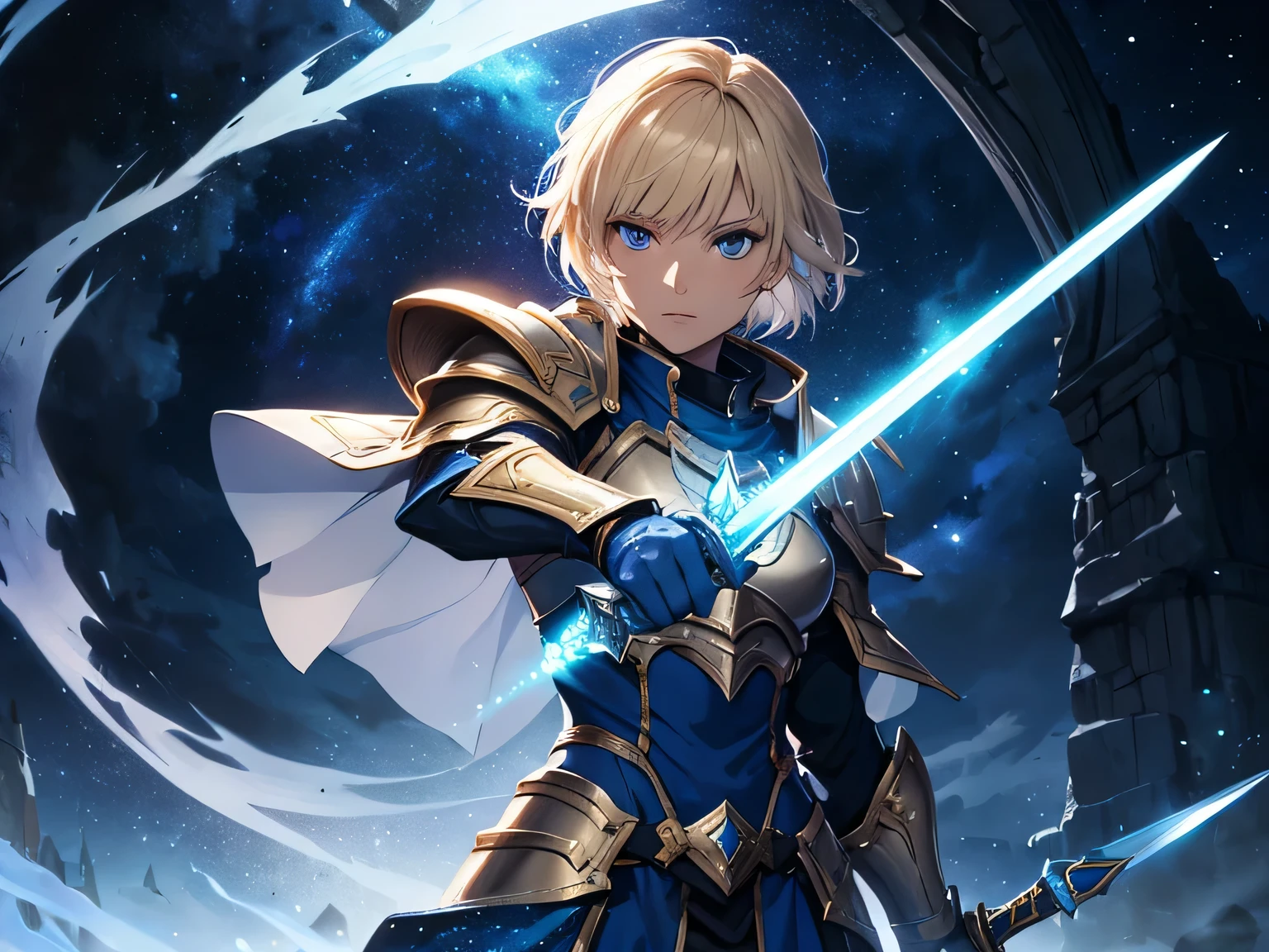 1 Paladin from Dungeons and Dragons Universe, Female, short blonde hair, wearing silver armor, sword in her right hand, shield in left hand, her sword is glowing with blue energy, background is a night starry sky.
