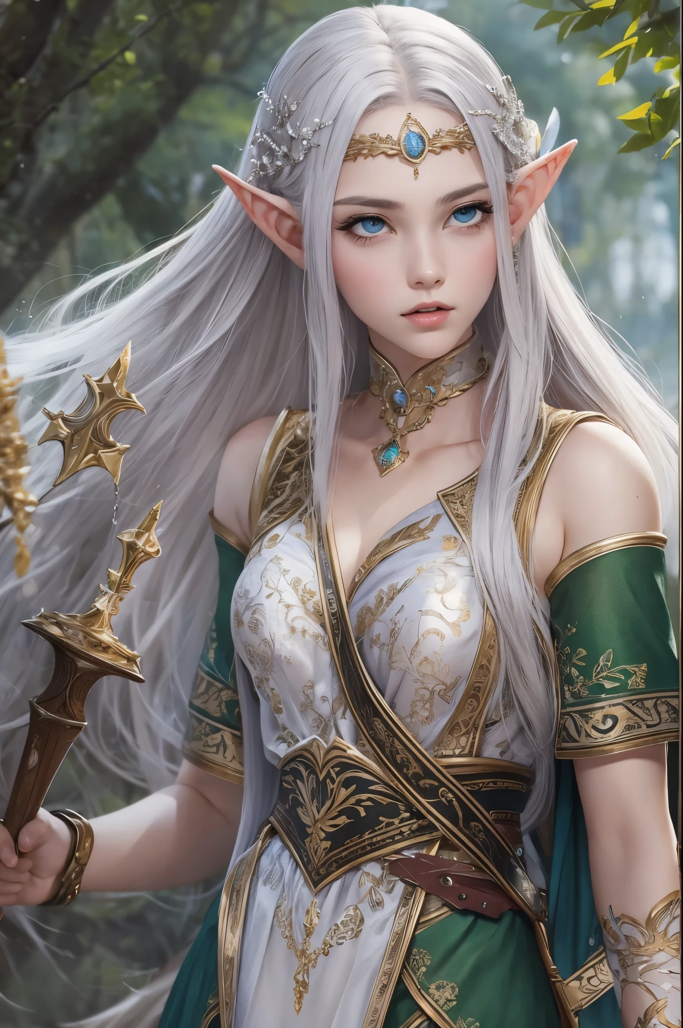 (master piece), 8k, best quality, panoramic view, full body, Elf, young, 17 years old, With slightly flushed white skin, long silver hair. Her body was slender and athletic, with a height of 168cm that gave her a natural elegance. Her green eyes, curious, detailed warrior outfit, hand raised