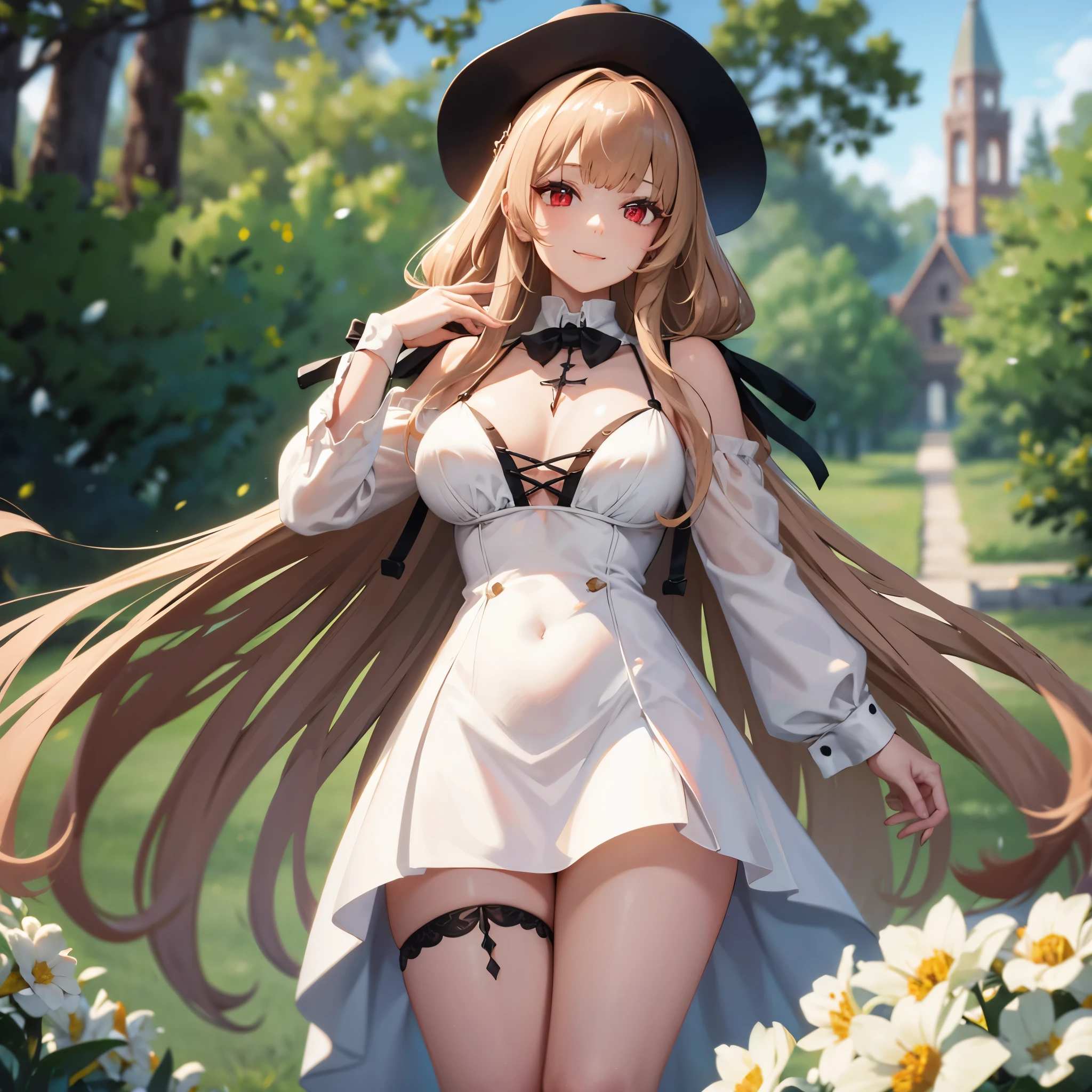 A girl in a white dress, with gold details, a madam's hat, outside a mansion, surrounded by plantations, beige hair, red eyes, smiling, very detailed, masterpiece, high quality, ultra resolution, 4k hd
