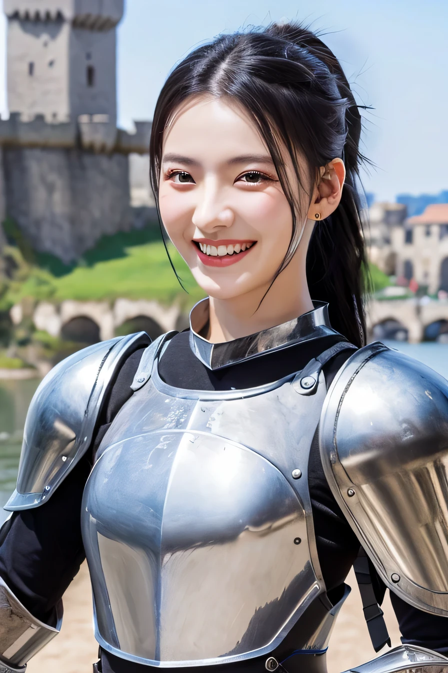 8K、highest quality、female knight、The background is a castle、luxurious silver armor、heavy equipment、black hair、hairstyle ponytail、smile、beautiful teeth、full body photo、ear piercing)), (