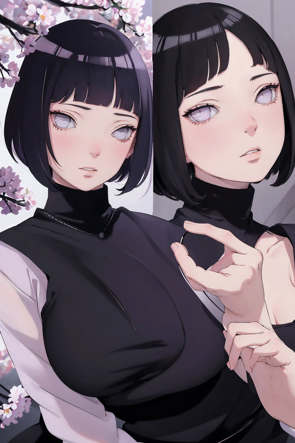 { - anatomy error} (Masterpiece - Ultra-detailed, very high resolution) (huge titusty, masterpiece, absurdres, hinata\(boruto\), 1girl, solo,mature female, lilac turtleneck blouse, black pant, looking at viewelling petals), perfect composition, detailed lips, big breast, beautiful face, body propotion, blush, (pink lips), short hair, (black hair), purple eyes, soft gaze, super realistic, detailed, photoshoot, realistic face and body, closed mouth , lilac eyes, full body, sitting on the floor , backwards, looking back, black boots, hidden hands, perfect fingers, inocent face