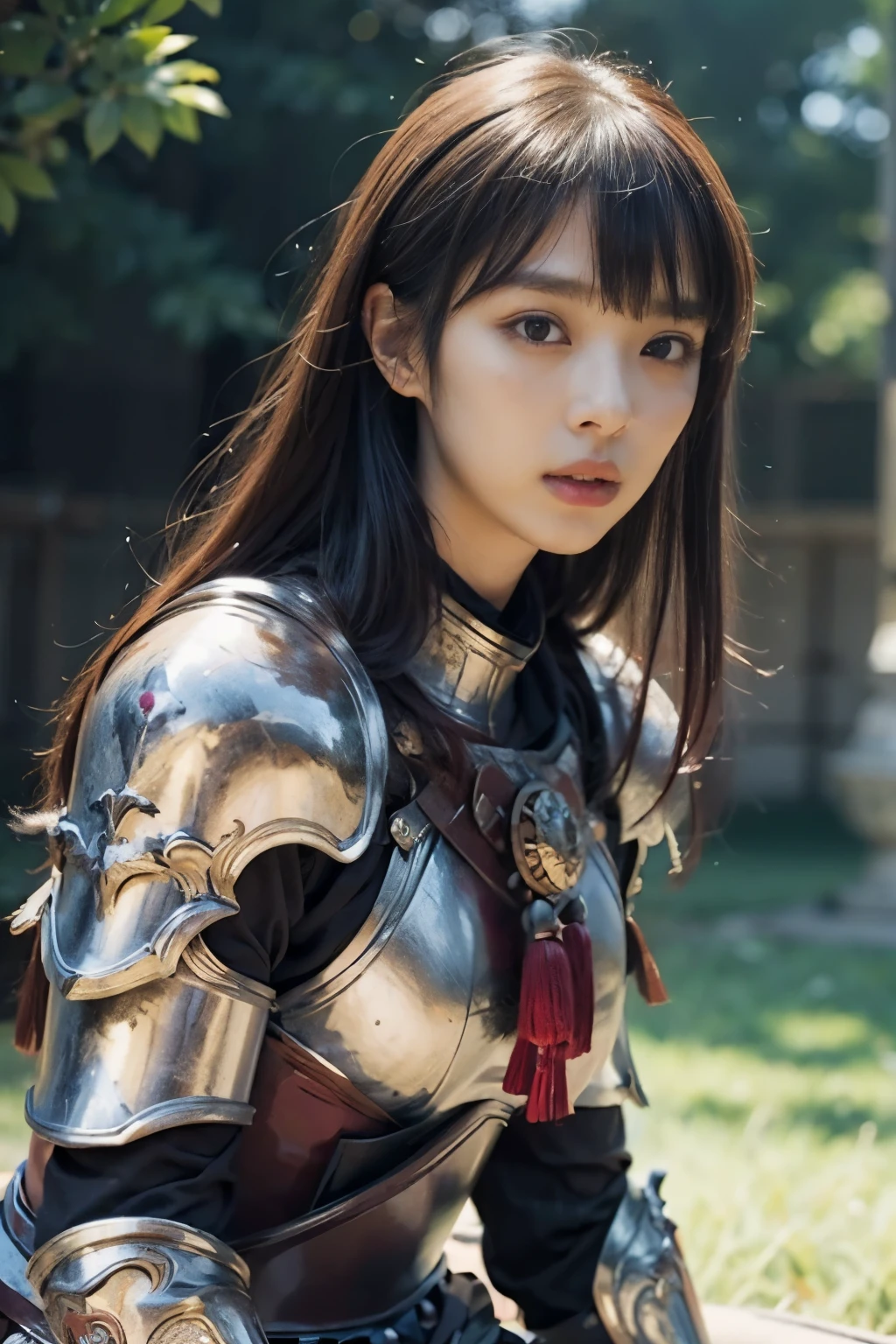 (8K, highest quality, masterpiece:1.2), (realistic:1.4), Raw photo, highest quality, ultra high resolution, best shadow, (full body:1), historical heroine, Japanese armor, samurai sword, large scale amazing environment, horror, dark horror, highly detailed facial features, beautiful and perfect face, perfect eyes