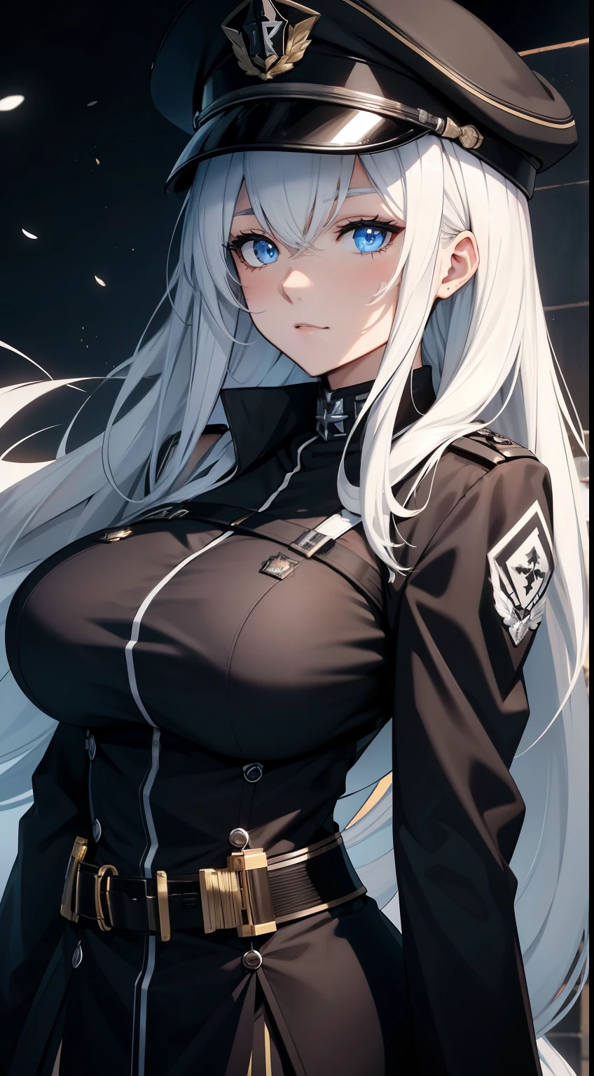 HD, high resolution, anime, waifu, a black closeup of a woman in uniform with hat, frontline girl, huge , Azur runway style, fine details, blue eyes frontline girls, frontline style girls front, white haired deity, Azur Lane characters, big breasts, From the Azur Lane video game, Frontline girls, inspired by Li Chevalier, white hair, long hair, frontline girls, black outfit, Girls Frontline Universe, of arknights, blue eyes, black military hat, black background.