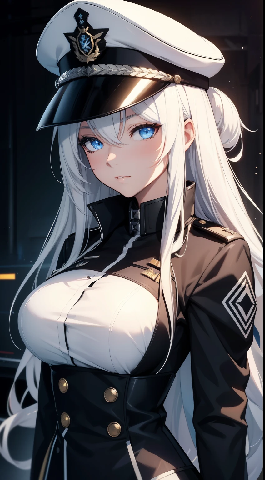 HD, high resolution, anime, waifu, a black closeup of a woman in uniform with hat, frontline girl, huge , Azur runway style, fine details, blue eyes frontline girls, frontline style girls front, white haired deity, Azur Lane characters, big breasts, From the Azur Lane video game, Frontline girls, inspired by Li Chevalier, white hair, long hair, frontline girls, black outfit, Girls Frontline Universe, of arknights, blue eyes, black military hat, black background.