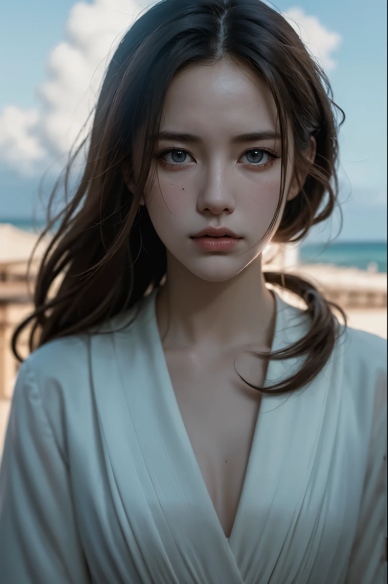 Chiaroscuro, Cinematic lighting, A high resolution, Best quality, 4K, High quality, High details, Super detail, Masterpiece,formal outfit,tall nose bridge,Girl,Messy beauty,with blue sky and white clouds,Dingdall effect,sun light,adolable