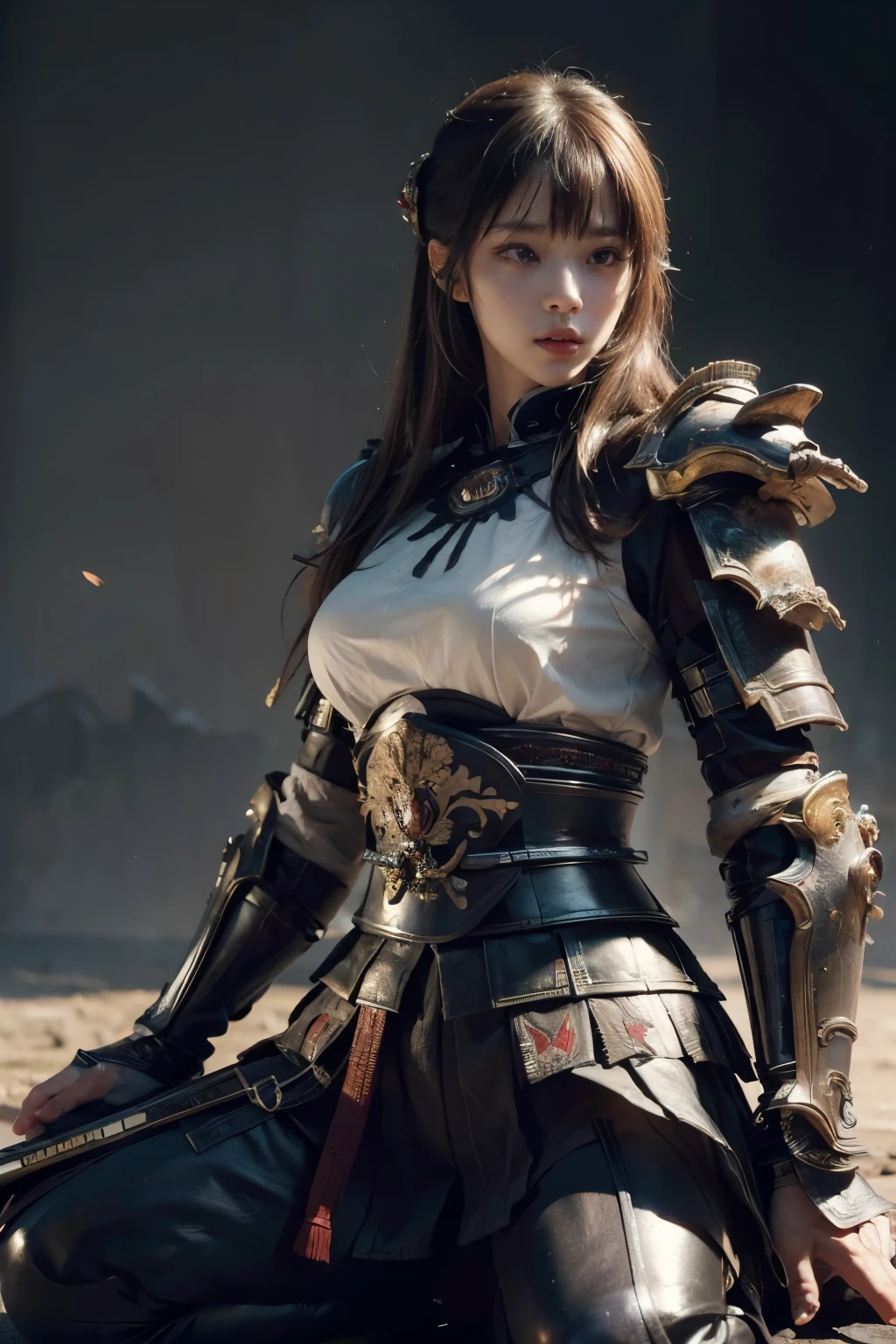 (8K, highest quality, masterpiece:1.2), (realistic:1.4), Raw photo, highest quality, ultra high resolution, best shadow, (full body:1), historical heroine, Japanese armor, samurai sword, large scale amazing environment, horror, dark horror, highly detailed facial features, beautiful and perfect face, perfect eyes