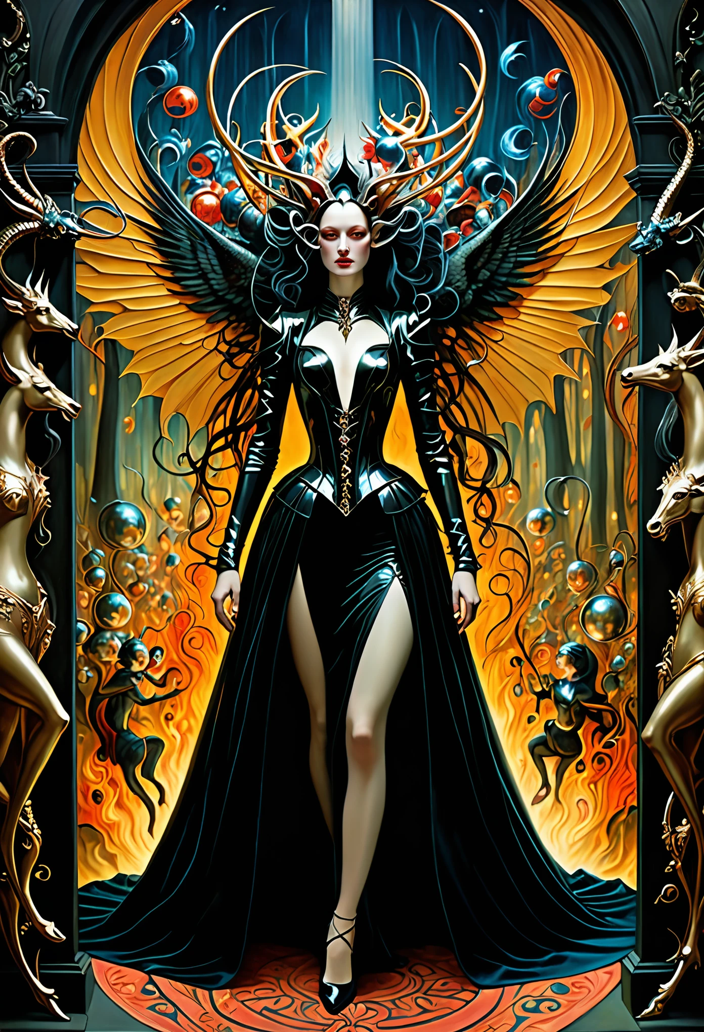 A mesmerizing painting depicting the magnificent arrival of a lady from hell in an epic, split-screen format that amplifies the theatricality and grandeur of the scene. The elaborate details of the lady's costume and the dramatic lighting create a sense of dark opulence and power, drawing viewers into a world of mythical enchantment and mystery. The split-screen composition allows for a dynamic presentation of the lady's entrance, enhancing the visual impact and storytelling of the painting. The artist's skillful use of color and texture adds depth and richness to the scene, evoking a sense of awe and wonder in the viewer. This masterpiece, created by renowned painter Hieronymus Bosch, delves into the realms of fantasy and symbolism, inviting viewers to immerse themselves in a narrative of dark beauty and intrigue.