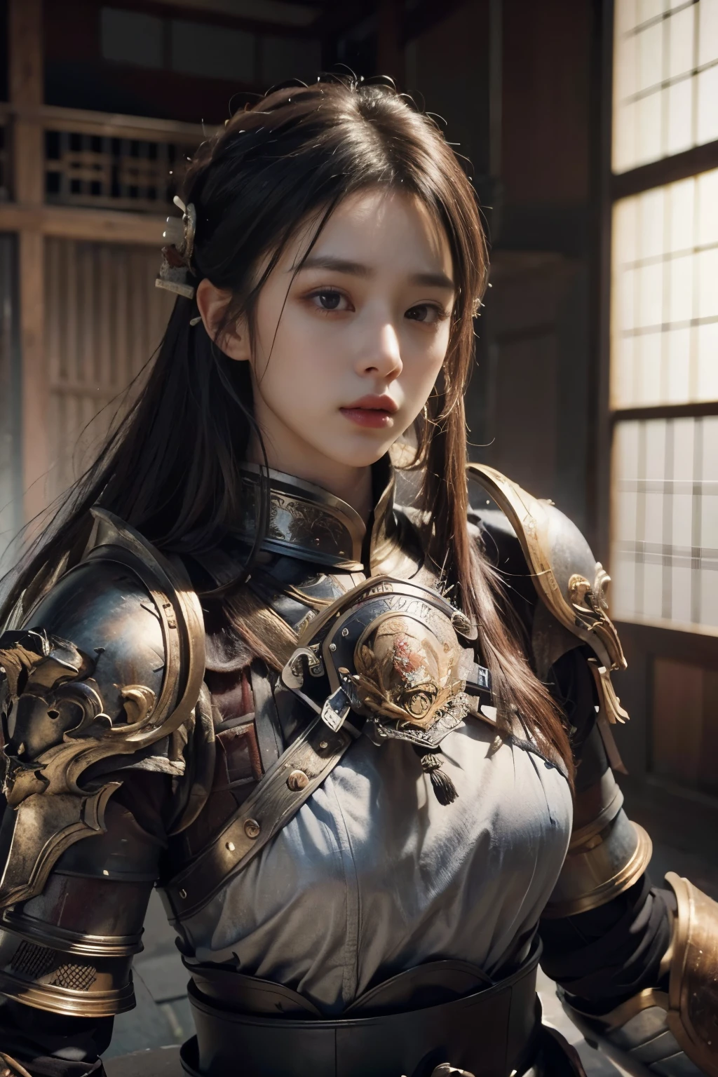 (8K, highest quality, masterpiece:1.2), (realistic:1.4), Raw photo, highest quality, ultra high resolution, best shadow, (full body:1), historical heroine, Japanese armor, samurai sword, large scale amazing environment, horror, dark horror, highly detailed facial features, beautiful and perfect face, perfect eyes