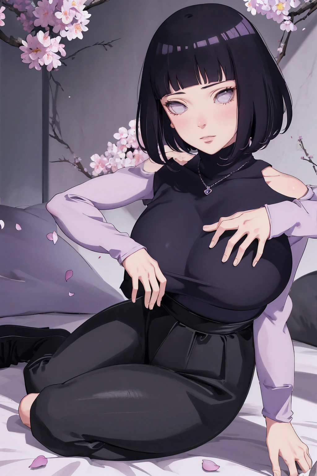 { - anatomy error} (Masterpiece - Ultra-detailed, very high resolution) (huge titusty, masterpiece, absurdres, hinata\(boruto\), 1girl, solo,mature female, lilac turtleneck blouse, high waist black long skirt, looking at viewelling petals), perfect composition, detailed lips, big breast, beautiful face, body propotion, blush, (pink lips), short hair, (black hair), purple eyes, soft gaze, super realistic, detailed, photoshoot, realistic face and body, closed mouth , lilac eyes, full body, sitting on the floor , backwards, looking back, black boots, hidden hands, perfect fingers, inocent face