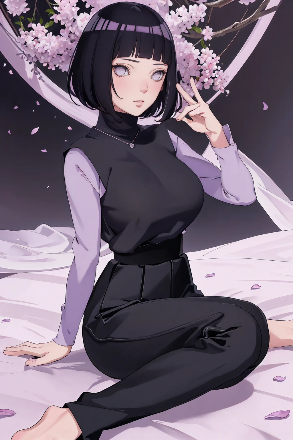 { - anatomy error} (Masterpiece - Ultra-detailed, very high resolution) (huge titusty, masterpiece, absurdres, hinata\(boruto\), 1girl, solo,mature female, lilac turtleneck blouse, high waist black long skirt, looking at viewelling petals), perfect composition, detailed lips, big breast, beautiful face, body propotion, blush, (pink lips), short hair, (black hair), purple eyes, soft gaze, super realistic, detailed, photoshoot, realistic face and body, closed mouth , lilac eyes, full body, sitting on the floor , backwards, looking back, black boots, hidden hands, perfect fingers, inocent face