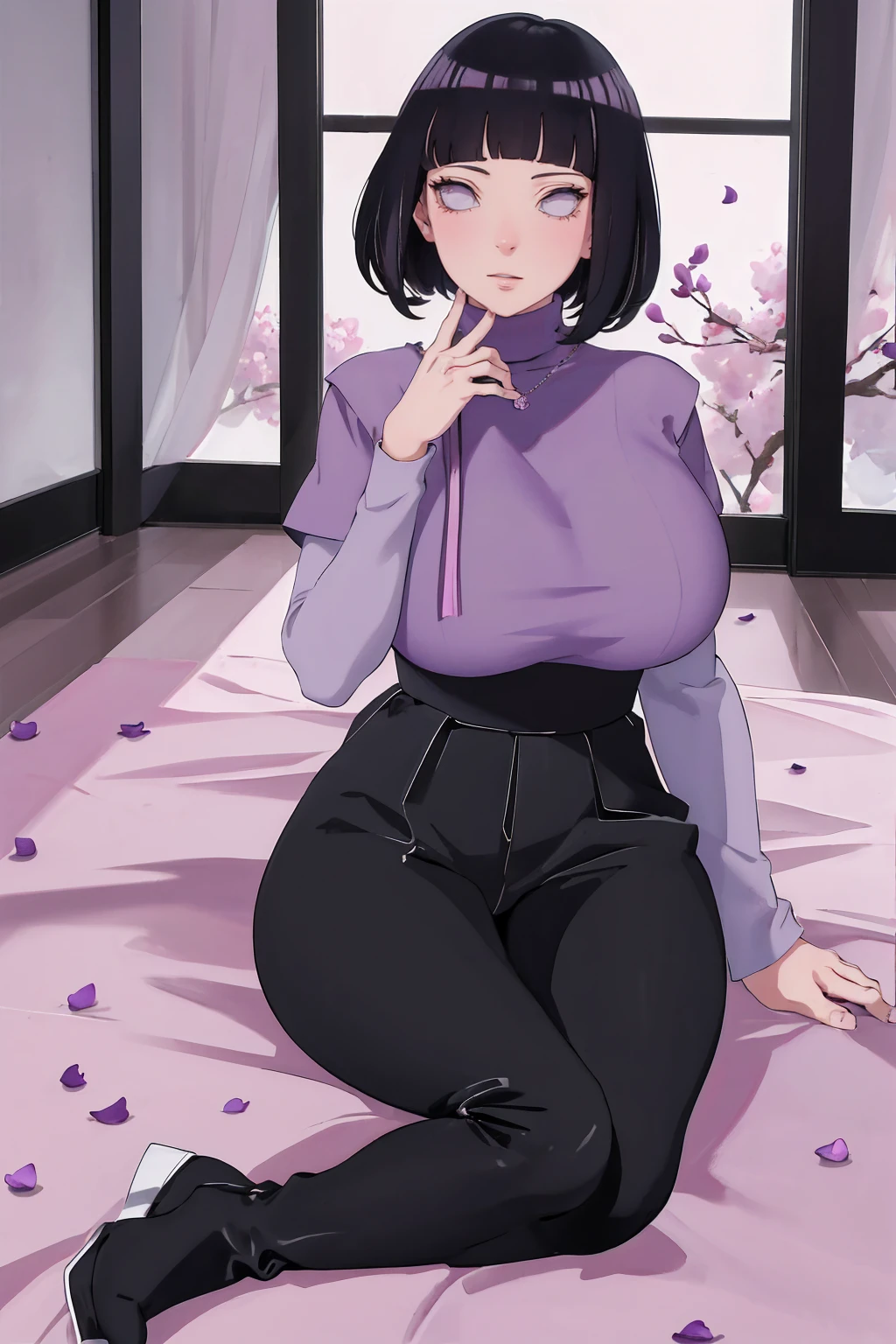 { - anatomy error} (Masterpiece - Ultra-detailed, very high resolution) (huge titusty, masterpiece, absurdres, hinata\(boruto\), 1girl, solo,mature female, lilac turtleneck blouse, black pant, looking at viewelling petals), perfect composition, detailed lips, big breast, beautiful face, body propotion, blush, (pink lips), short hair, (black hair), purple eyes, soft gaze, super realistic, detailed, photoshoot, realistic face and body, closed mouth , lilac eyes, full body, sitting on the floor , backwards, looking back, black boots, hidden hands, perfect fingers, inocent face