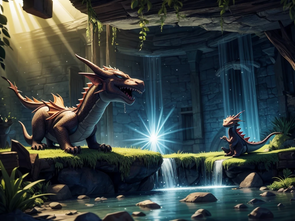 (best quality,4k,8k,highres,masterpiece:1.2),ultra-detailed,(realistic,photorealistic,photo-realistic:1.37),underground dungeon, (((sleeping dragon))), girl watching over it, a beam of light, dark and mysterious atmosphere, medieval stone walls, glowing moss, intricate carvings, flickering torches, faint sound of dripping water, eerie silence, faint mist, dust particles dancing in the air, intense shadows, rays of light cutting through the darkness, hidden treasures waiting to be discovered.