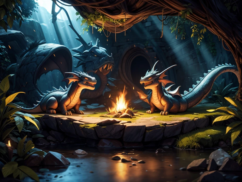 (best quality,4k,8k,highres,masterpiece:1.2),ultra-detailed,(realistic,photorealistic,photo-realistic:1.37),underground dungeon, (((sleeping dragon))), girl watching over it, a beam of light, dark and mysterious atmosphere, medieval stone walls, glowing moss, intricate carvings, flickering torches, faint sound of dripping water, eerie silence, faint mist, dust particles dancing in the air, intense shadows, rays of light cutting through the darkness, hidden treasures waiting to be discovered.