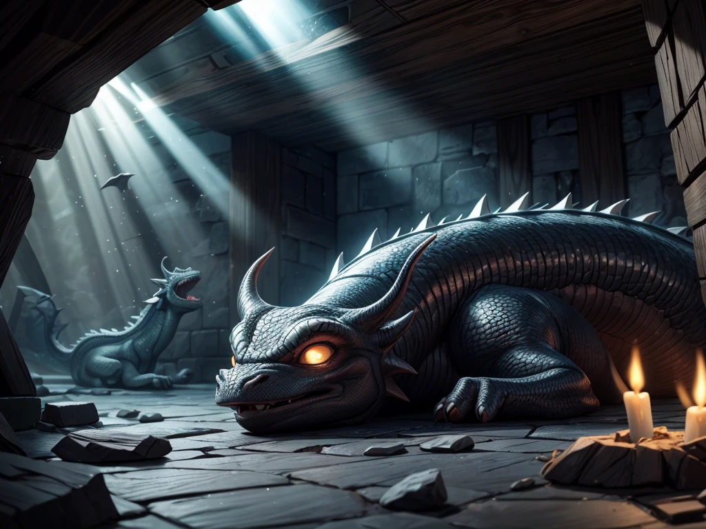 (best quality,4k,8k,highres,masterpiece:1.2),ultra-detailed,(realistic,photorealistic,photo-realistic:1.37),underground dungeon, (((sleeping dragon))), girl watching over it, a beam of light, dark and mysterious atmosphere, medieval stone walls, glowing moss, intricate carvings, flickering torches, faint sound of dripping water, eerie silence, faint mist, dust particles dancing in the air, intense shadows, rays of light cutting through the darkness, hidden treasures waiting to be discovered.
