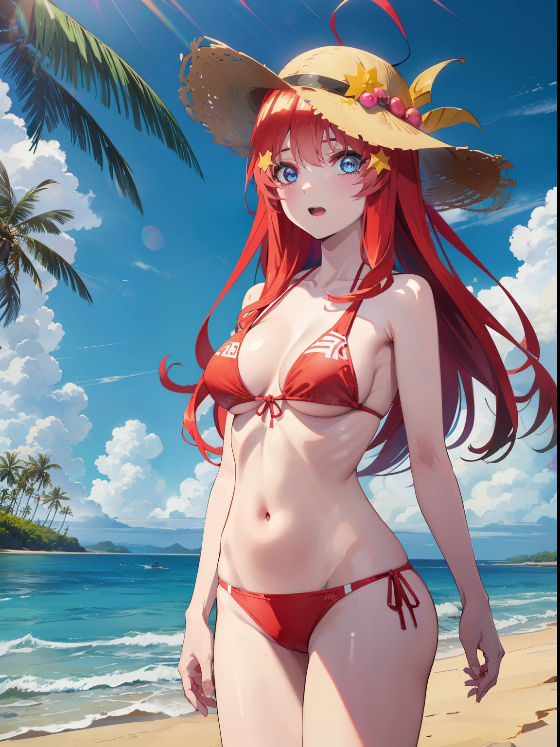 itsukinakano, itsuki nakano, bangs, blue eyes, hair between eyes, Ahoge, redhead, star \(symbol\), hair ornaments, star hair ornamentsにっこり, smile, open your mouth,big straw hat,red bikini,bare belly, (beach salon), big breasts,((salon)), beach outfit,real summer,Palm tree,
break outdoors, beach,
break looking at viewer, (cowboy shot:1.5),
break (masterpiece:1.2), highest quality, High resolution, unity 8k wallpaper, (shape:0.8), (fine and beautiful eyes:1.6), highly detailed face, perfect lighting, Very detailed CG, (perfect hands, perfect anatomy),