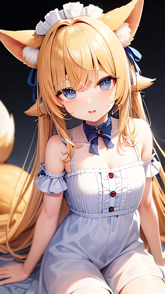 fox beastman、fox ears、fox tail、yellow hair、(blue eyes)、big eyes、droopy eyes、10 years old、white maid outfit、