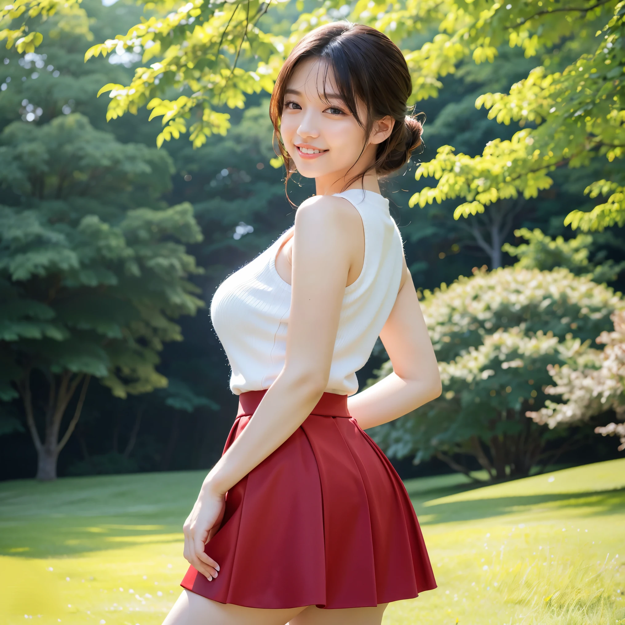 (highest quality、masterpiece、8K、best image quality、hyper realism、Award-winning work)、1 female、(solo:1.1)、(perfect white sleeveless knit:1.3)、(Elegant red tight skirt made of perfect melton fabric:1.3)、(Beautiful park background with strong blur:1.1)、The most natural and perfect beautiful grass park、large grassy park、(standing elegantly:1.2)、(full body photo:1.25)、(emphasize body line:1.2)、(thick legs:1.2)、glamorous body、big ass、big breasts、(low length:1.1)、(Rear view:1.2)、(pointing your butt at me:1.1)、(Looking back at me:1.1)、accurate anatomy、perfect makeup、long eyelashes、glossy lips、Ultra high definition glossy skin、(Ultra-high definition bright and beautiful skin:1.1)、超高精細のglossy lips、Super high definition beautiful teeth