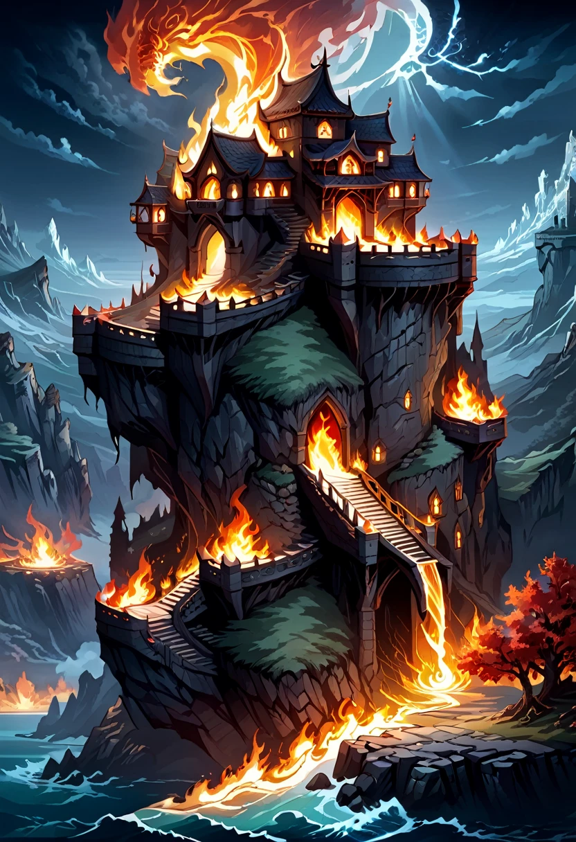 create an epic image of Dungeons and Dragons: 1.5, fight, cliffs, fire, castle, masterpiece, hyper detailed, mystical, magical, at night, long shot, cinematic lighting, ultra image quality, HD, 32k