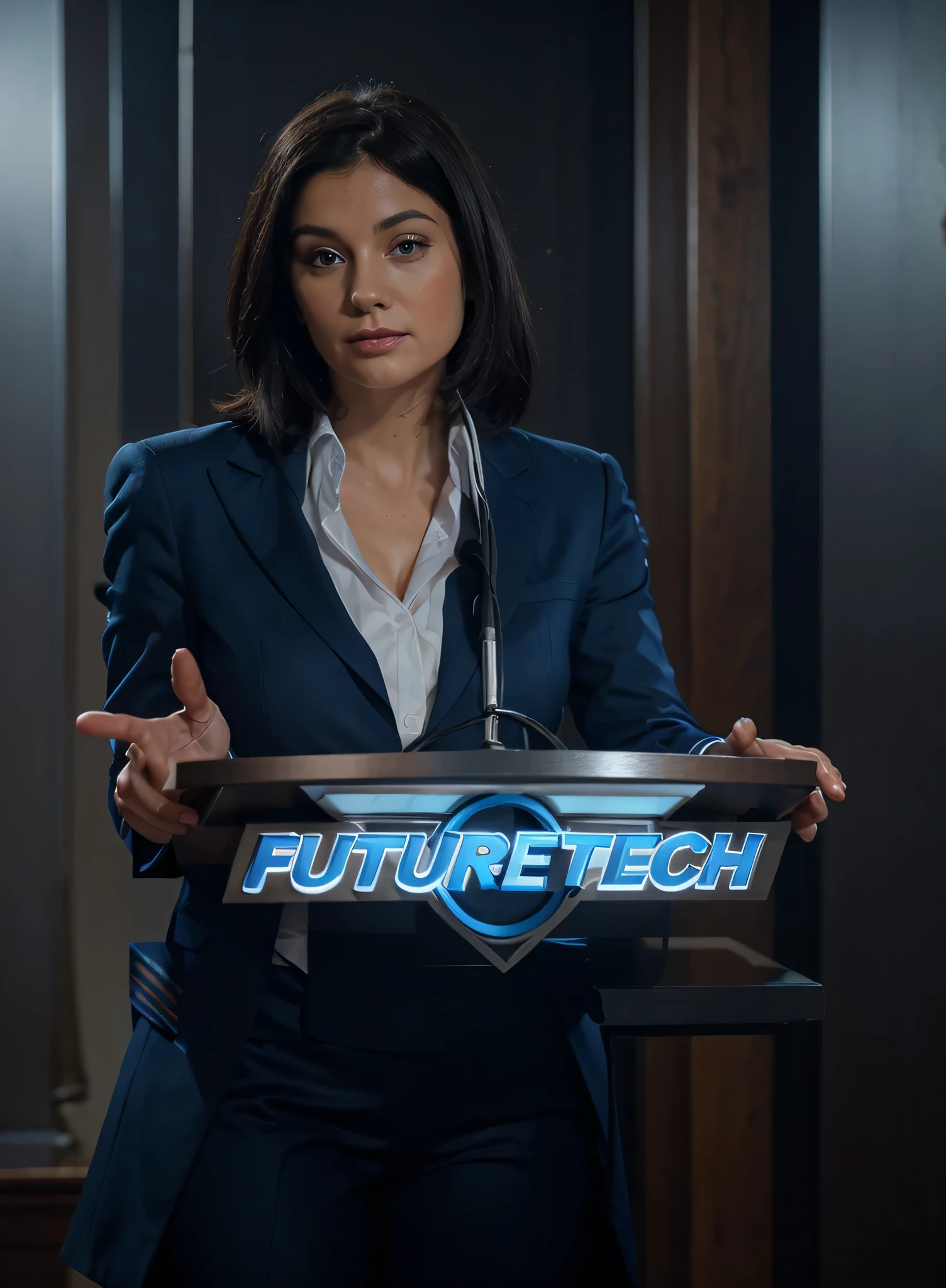 the most beautiful woman, beautiful Dutch milf face, blue eyes, short black hair, white skin, dark blue two-piece formal suit, light blue shirt, she is speaking in a pulpit, technology company logo that says Futuretech, big screen with blue world map, faint bluish light colors, Ultra detailed, hyperrealistic, 4k, Ultra detailed image, realistic, Highly detailed, perfect composition, splendid, Intricately detailed, Incredibly detailed, 8 k artistic photography, hyper detailed, Masterpiece, Ultra detailed, hyper realistic, 4k, Ultra detailed image, realistic, Highly detailed, perfect composition, splendid, Intricately detailed, Incredibly detailed, 8 k artistic photography, hyper detailed, Masterpiece