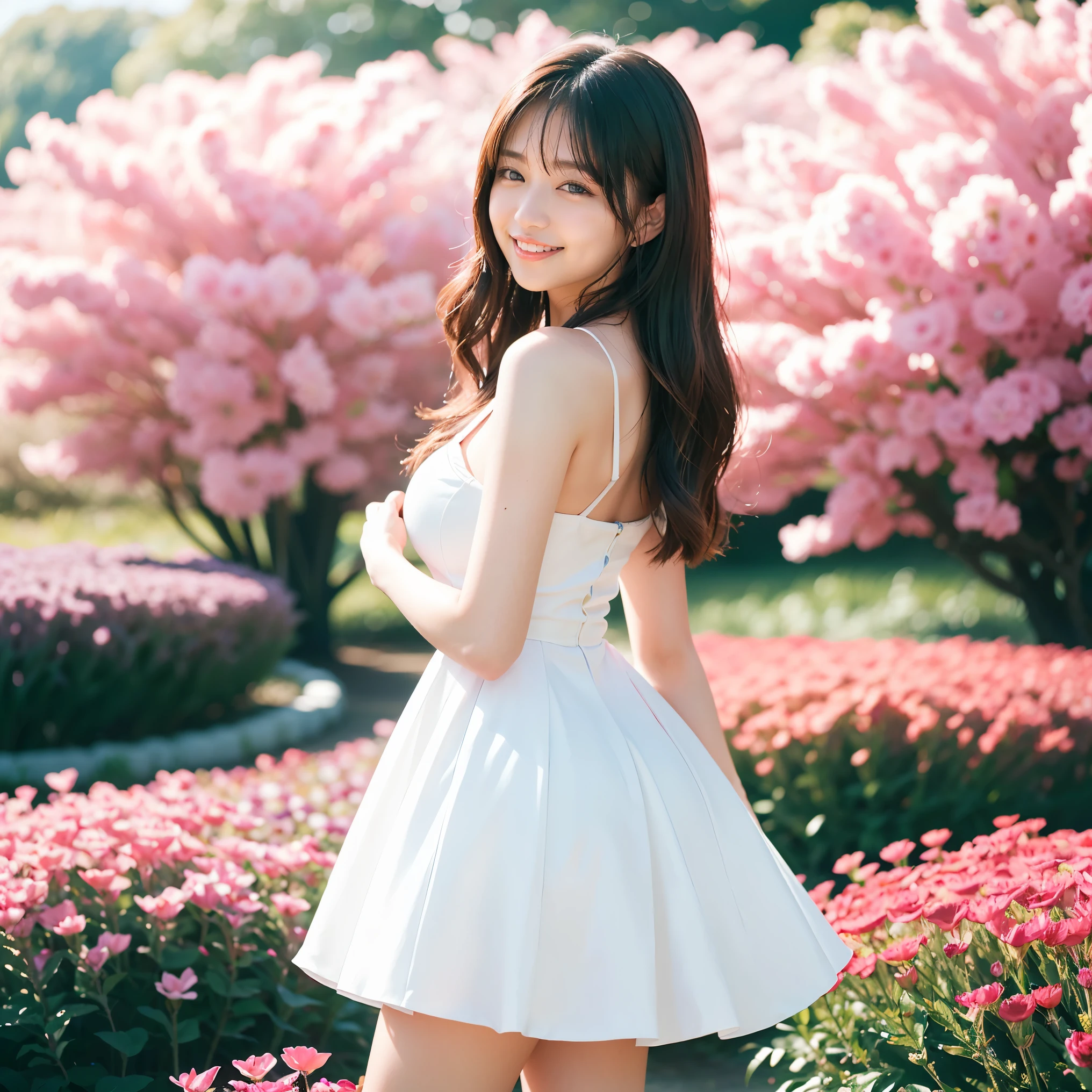 (highest quality、masterpiece、8K、best image quality、hyper realism、Award-winning work)、1 female、(solo:1.2)、(1 photo:1.2)、(A neat and feminine cute dress:1.2)、(Beautiful colorful vibrant flower field with strong blur:1.2)、(The most natural and perfect wide flower field:1.1)、(Mr.々flower garden of different kinds of colorful flowers:1.2)、(standing elegantly:1.2)、(full body photo:1.25)、(emphasize body line:1.2)、(thick legs:1.2)、glamorous body、big ???、???????????、(low length:1.1)、short、(Rear view:1.2)、(pointing your ???? at me:1.1)、(Looking back at me:1.1)、(accurate ???????:1.1)、perfect makeup、long eyelashes、glossy lips、Ultra high definition glossy skin、(Ultra-high definition bright and beautiful skin:1.1)、超高精細のglossy lips、(Super high definition beautiful perfect teeth:1.1)