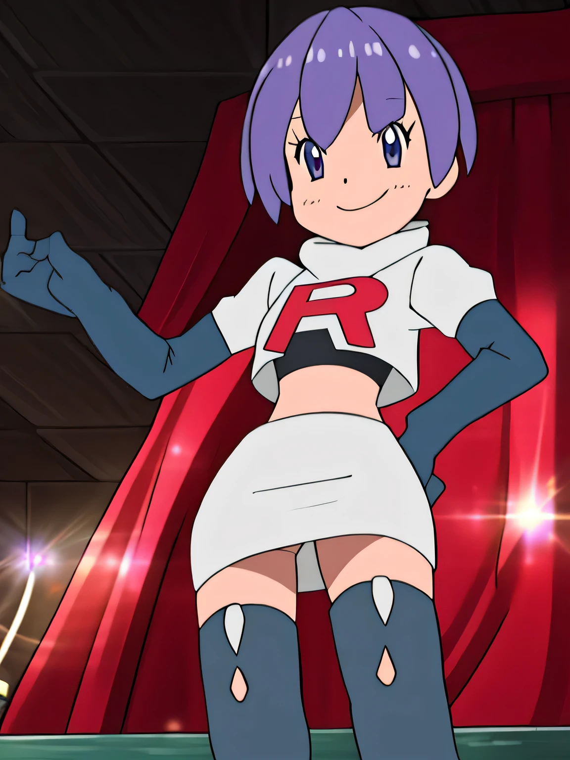 8k, masterpiece,highres, team rocket uniform, red letter r, white skirt,white crop top,black thigh-high boots, black elbow gloves, smiling, looking down at viewer, hands on hips, cowboy shot, zettai ryouiki,from below, black panties,anime style, vivid colors, sharp focus, intense lighting,sophie_talesof